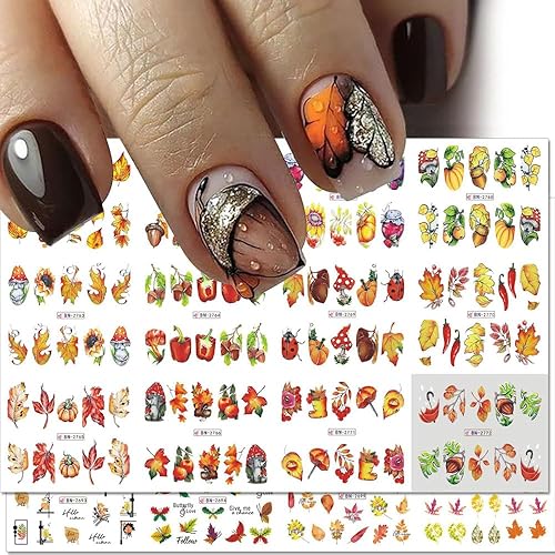 Miniatura 3 de 500 patrones de calcomanías de uñas de otoño para mujer, calcomanías de agua de dibujos animados, calabaza, hongo, hoja de arce, calcomanías de
