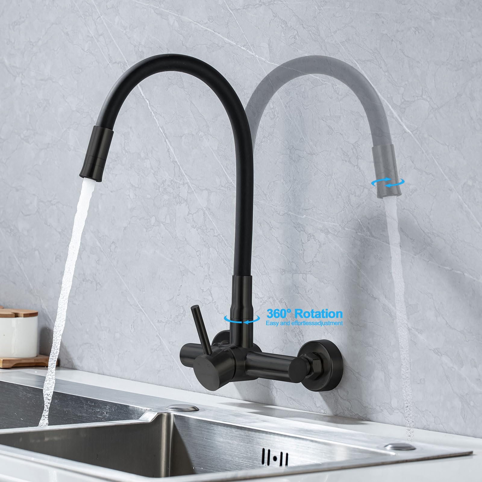 Robinet Cuisine Mural Noir avec Raccord 3/4" pour Lave-vaisselle Lave-linge | Robinet de Cuisine Evier Mural LakeBayMZC Acier Inoxydable avec Double Sortie,Mitigeur Mural avec Bec Flexible pour Cuisines