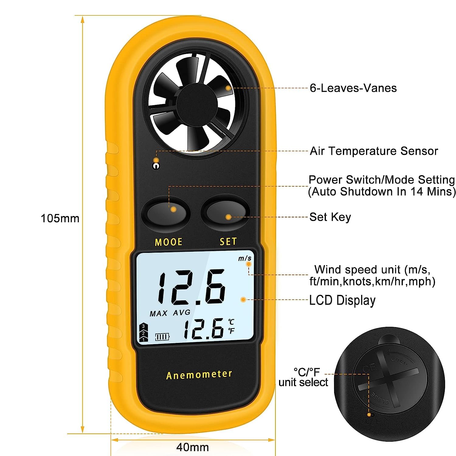 Anemometro Portatile, Anemometro Digitale Precisione +/-5%/2°C, Misuratore Digitale di Velocità del Vento con Display LCD, Velocità Flusso Aria Termometro per Esterni/HAVC/Droni/Caccia/Pesca