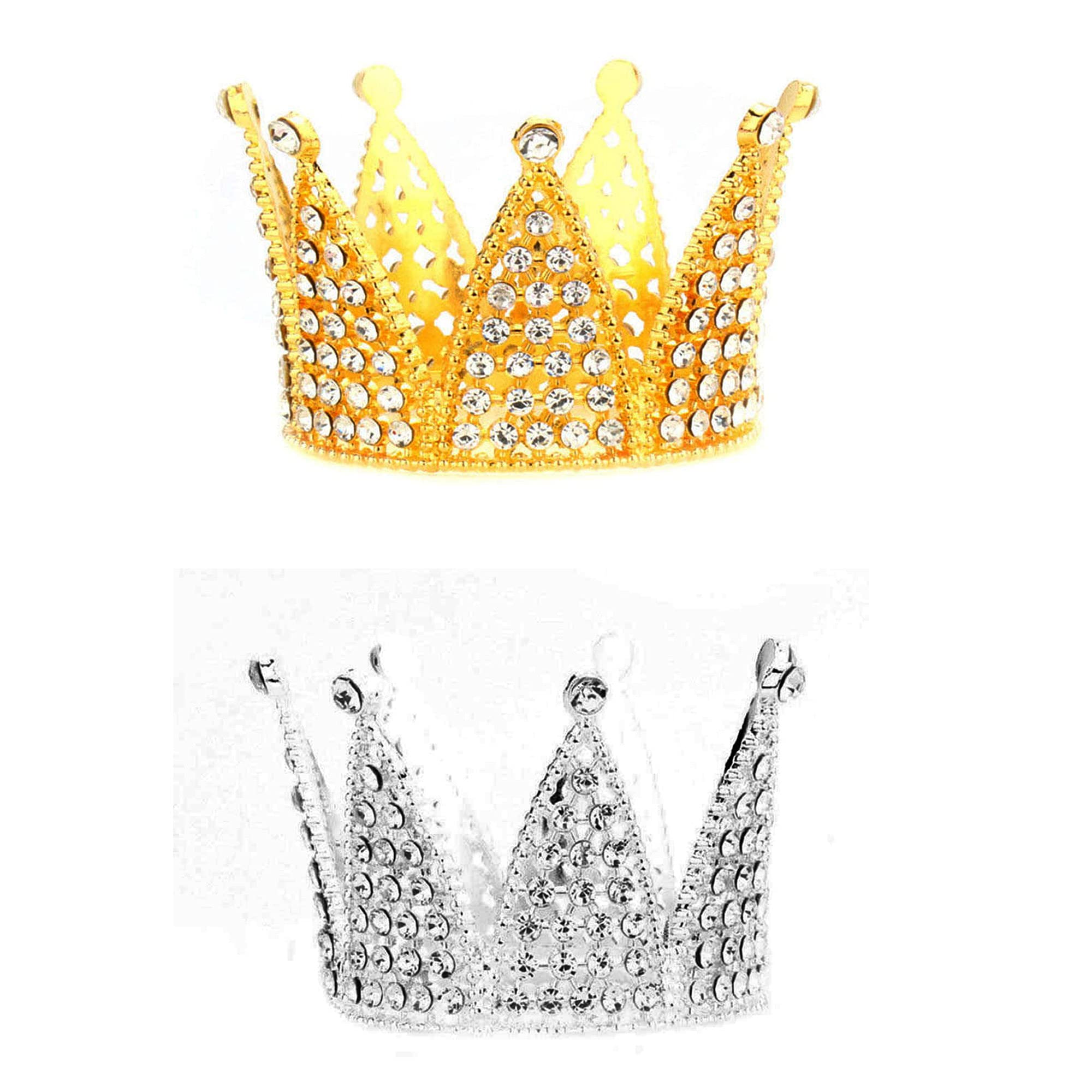 EOPER 2 Pieces Crown Shape Cake Topper, Mini Crystal Crowns Cake Decoration, Vintage Tiara Crystal Rhinestone Crown, Alloy Children Hair Ornaments for Baby Shower Wedding Birthday Party, Sliver & Gold