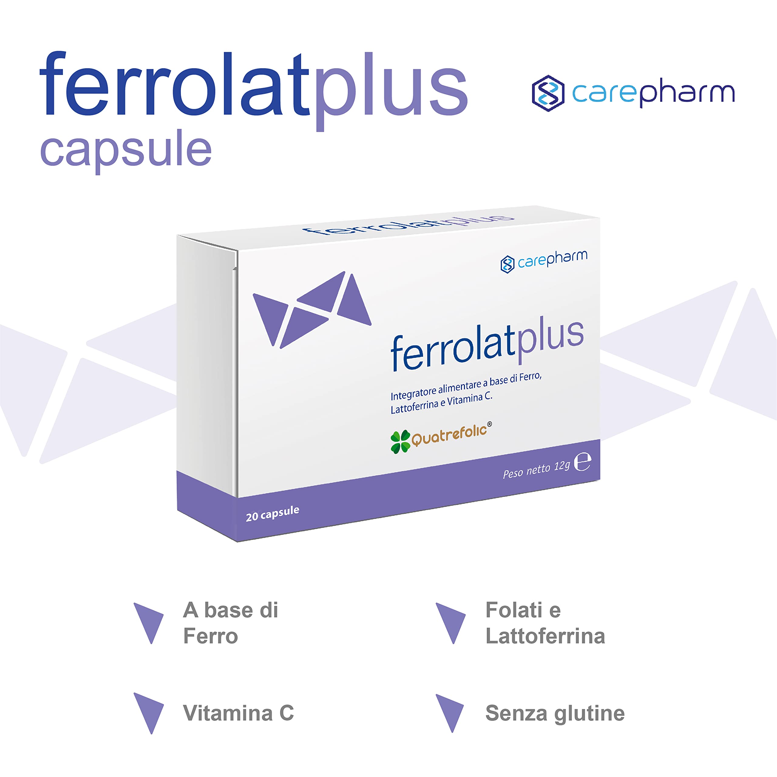 Carepharm, Ferrolat Plus, 20 Capsule di Integratore Alimentare a Base di Ferro, Lattoferrina, Folato e Vitamina C, Contribuiscono alla Normale Funzione del Sistema Immunitario, Senza Glutine, 12 g