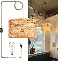 ZECOXOL Rattan Boho Plug-in Pendant Light with Dimmable Switch & 13.8ft Cord - Handmade Wicker Shade for Living Room, Bedroom, Kitchen Island