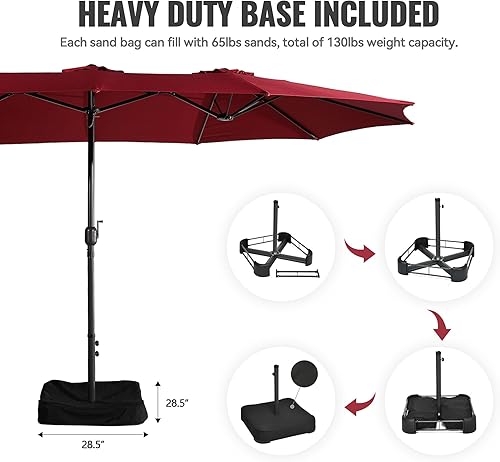 Miniatura 6 de MONDAWE Sombrilla de patio de doble cara de 15 pies con luz solar, sombrilla grande para mesa de mercado al aire libre con base incluida, 36 LED 12