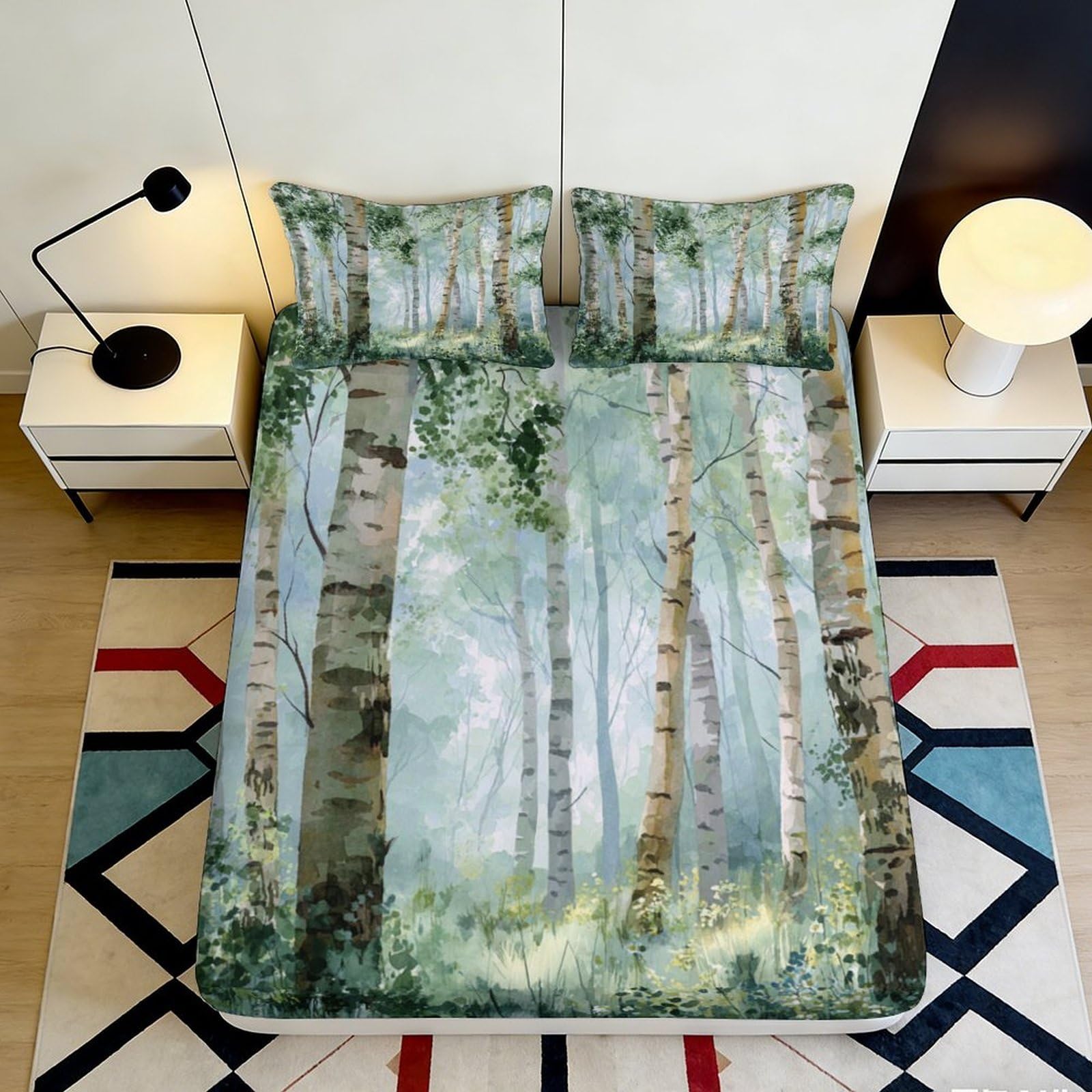 3D Printed Forest Birch Tree Fitted Sheet Microfiber Soft Breathable Woodland Mattress Cover for Bedroom Guest Room Decor 120x200x25cm