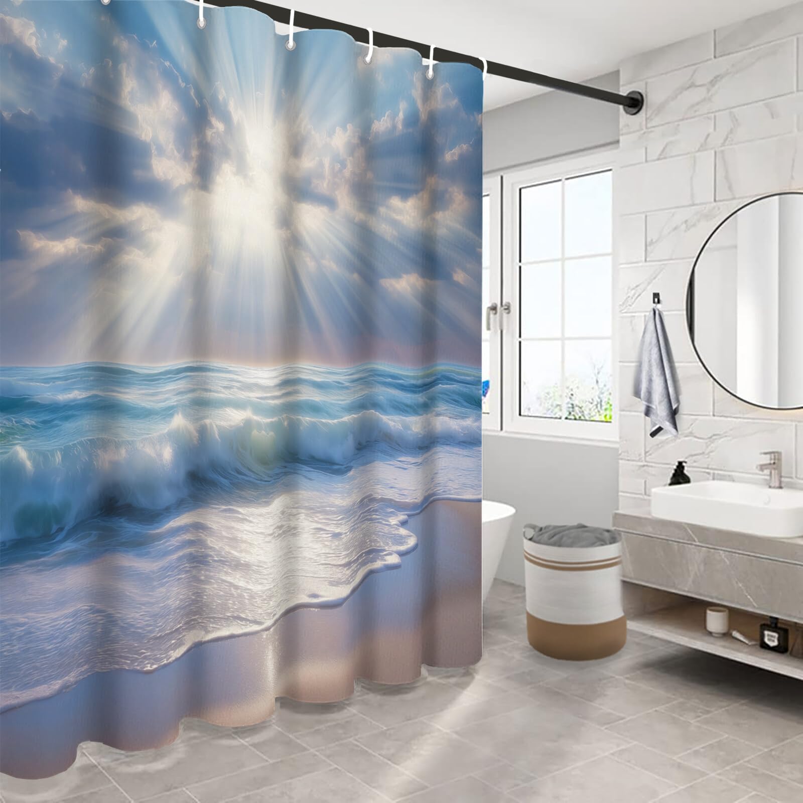 Rideau Douche,Rideau Baignoire Lavable en Machine Rideaux Douche Tissus Lavable Rideau De Baignoire Lavable pour Salle De Bain Domicile Baignoire Famille,Plage Ensoleillée,