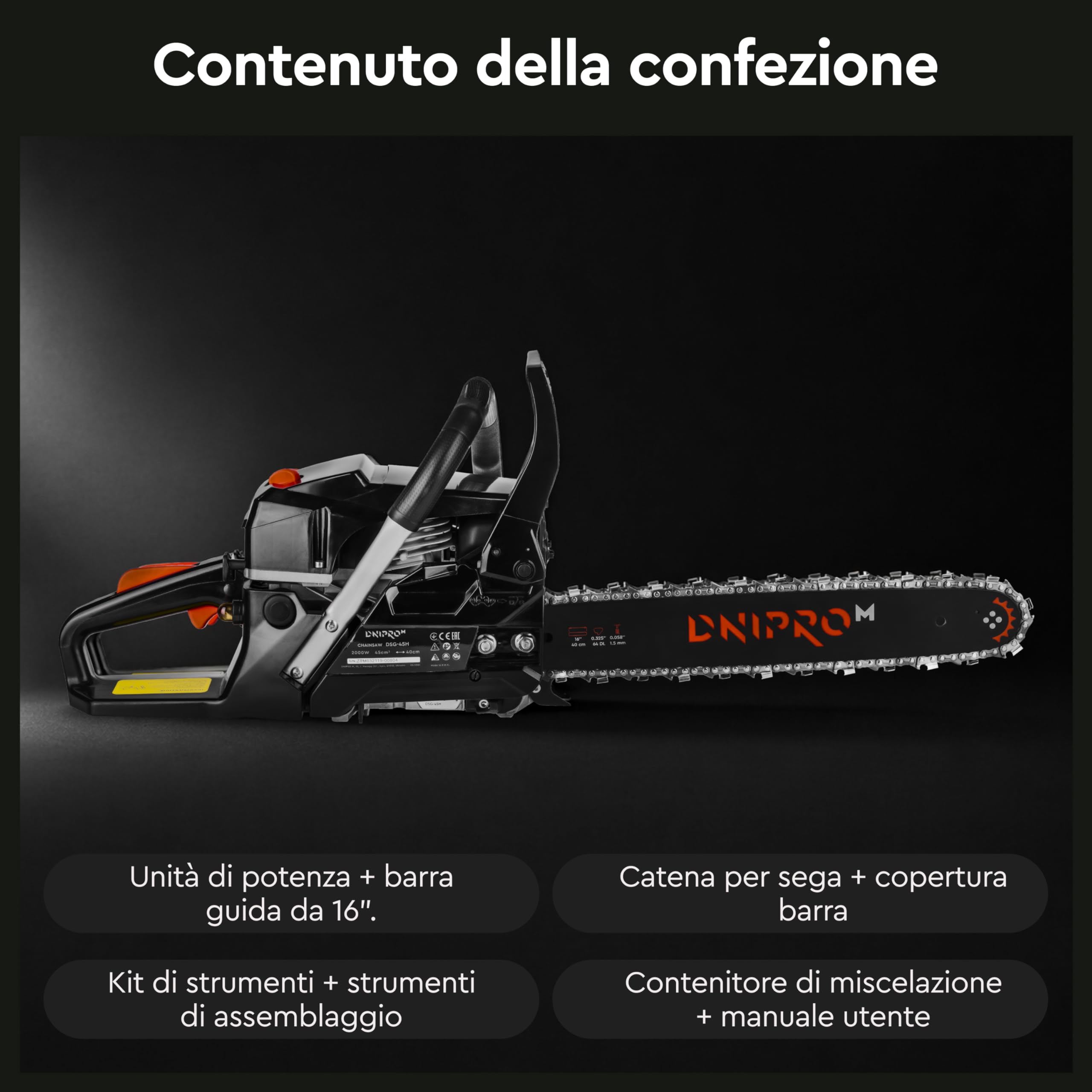 Motosega a Scoppio 45cc, Motore 2 Tempi 1.8 kW (2.4 HP), Barra Professionale 40cm (16"), Sistema Easy Start, Antivibrazione, Sega per Taglio Legna - DSG-45H