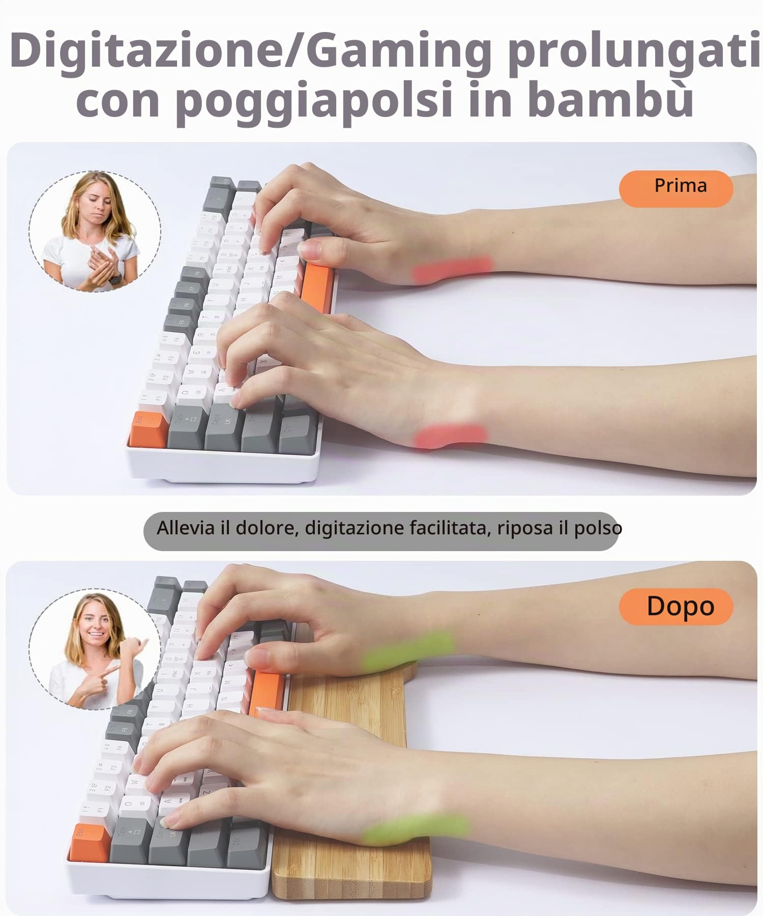 MAMBASNAKE Poggiapolsi in Bambù per Tastiera 68 Tasti 65%,Bambù di Grado A,Poggiapolsi Ergonomico,Sensazione di Legno Solido,Piedini in Gomma Antiscivolo,Sollievo dal Dolore,Digitazione/Gioco facili