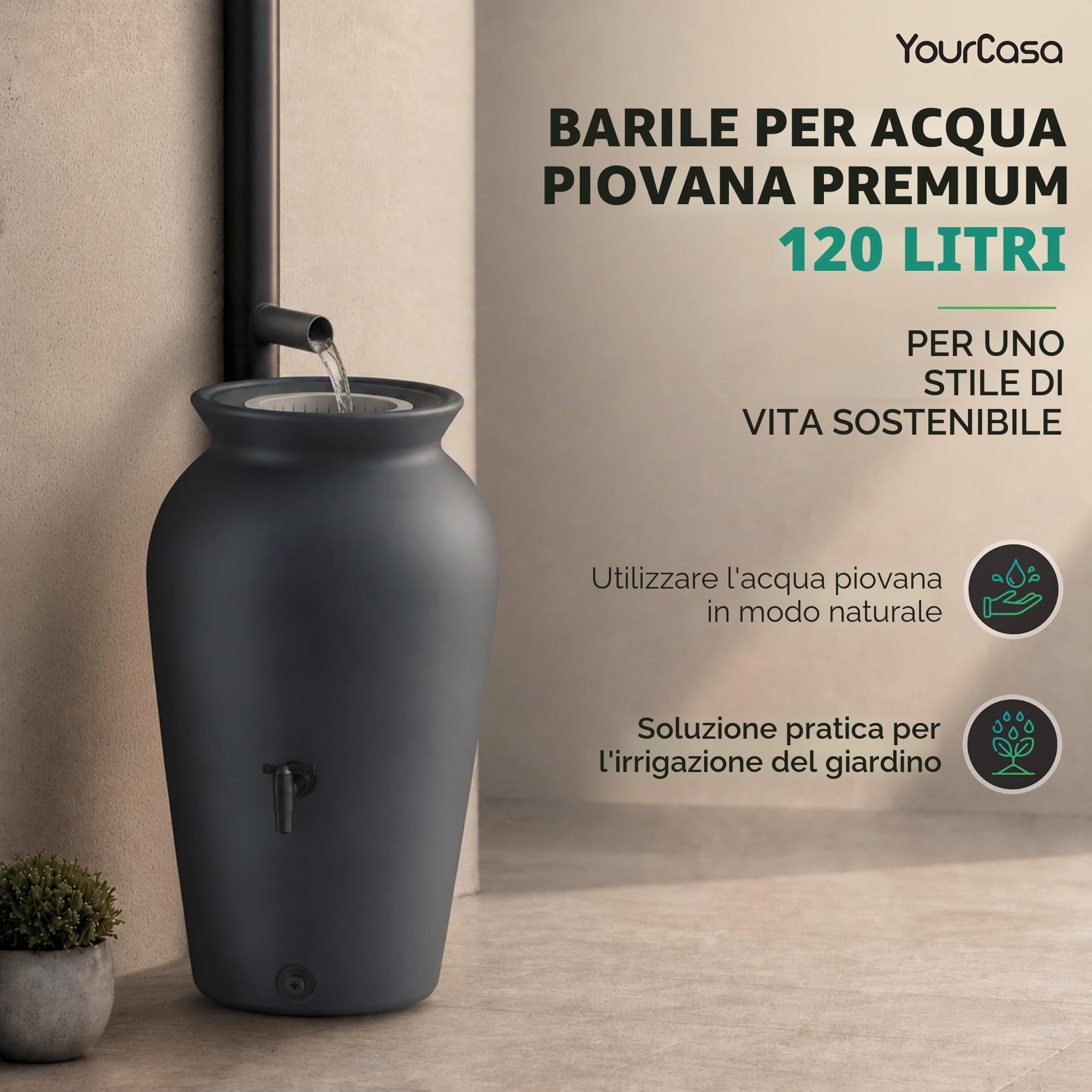 YourCasa Serbatoio Acqua Piovana 120 L, con Rubinetto e Filtro | Raccoglitore acqua piovana decorativo a forma di anfora, in plastica riciclata resistente UV, per giardino e terrazza