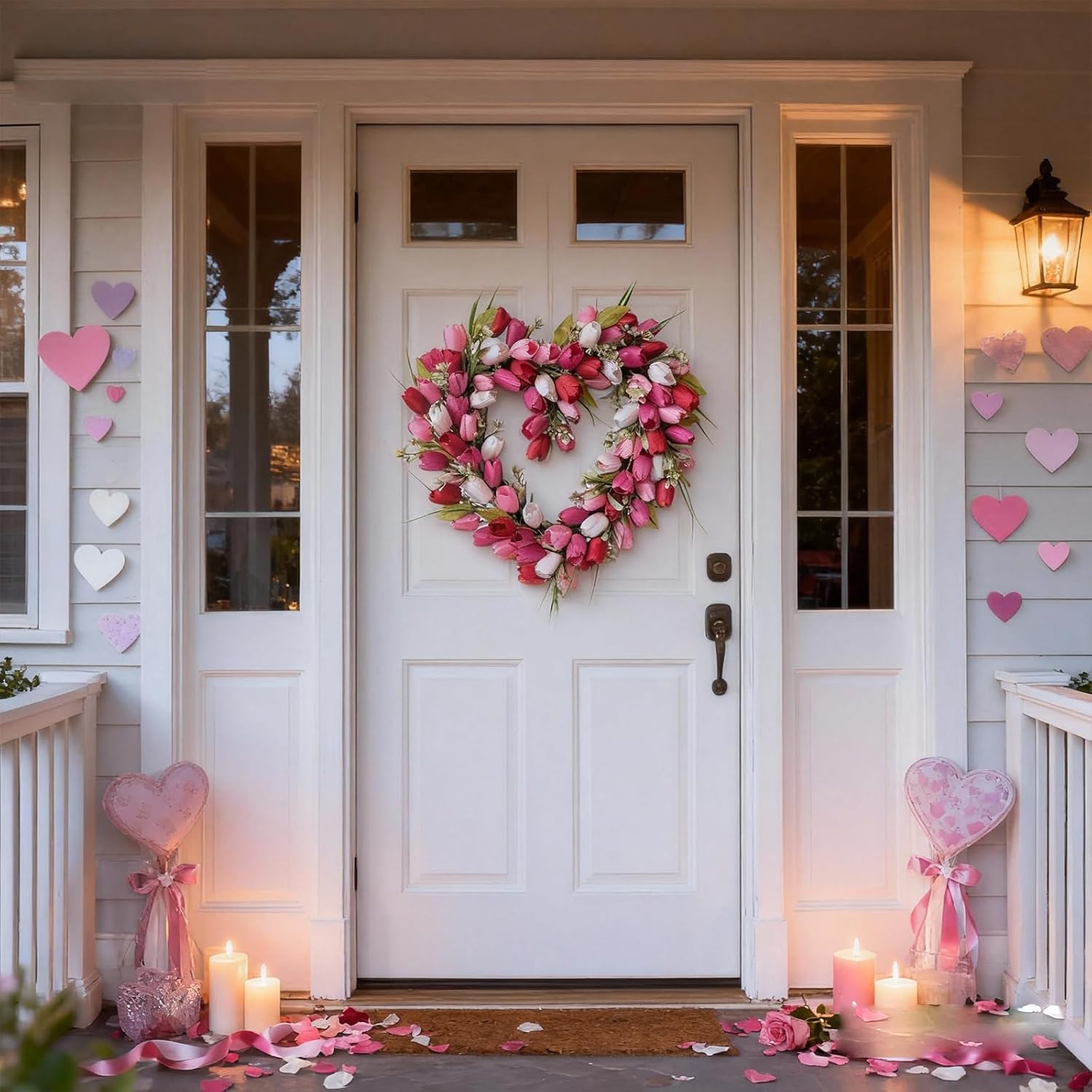 TEMPUS Heart Shaped Wreath for Spring with White Pink Red Tulip and Green Leaves - Love Decor for Mothers Day Wedding Festival Decor