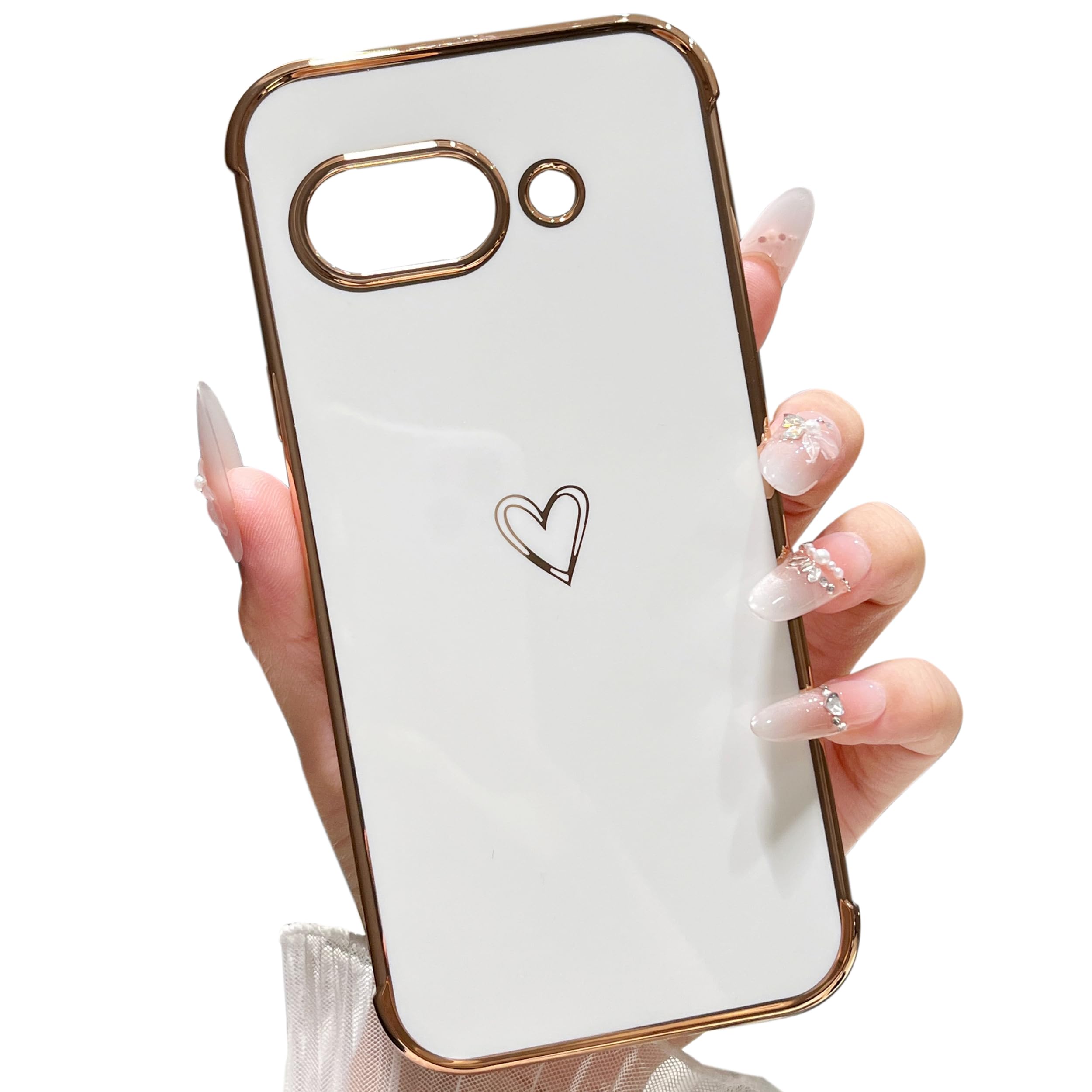 ZTOFERA Google Pixel 9a 用 ハートケース 柔軟な TPU シリコン メッキ加工 ソフト 軽量 耐衝撃 おしゃれ 韓国 可愛い グーグル ピクセル 9a ケース 携帯カバー 女性 心パターン スマホケース (ホワイト)