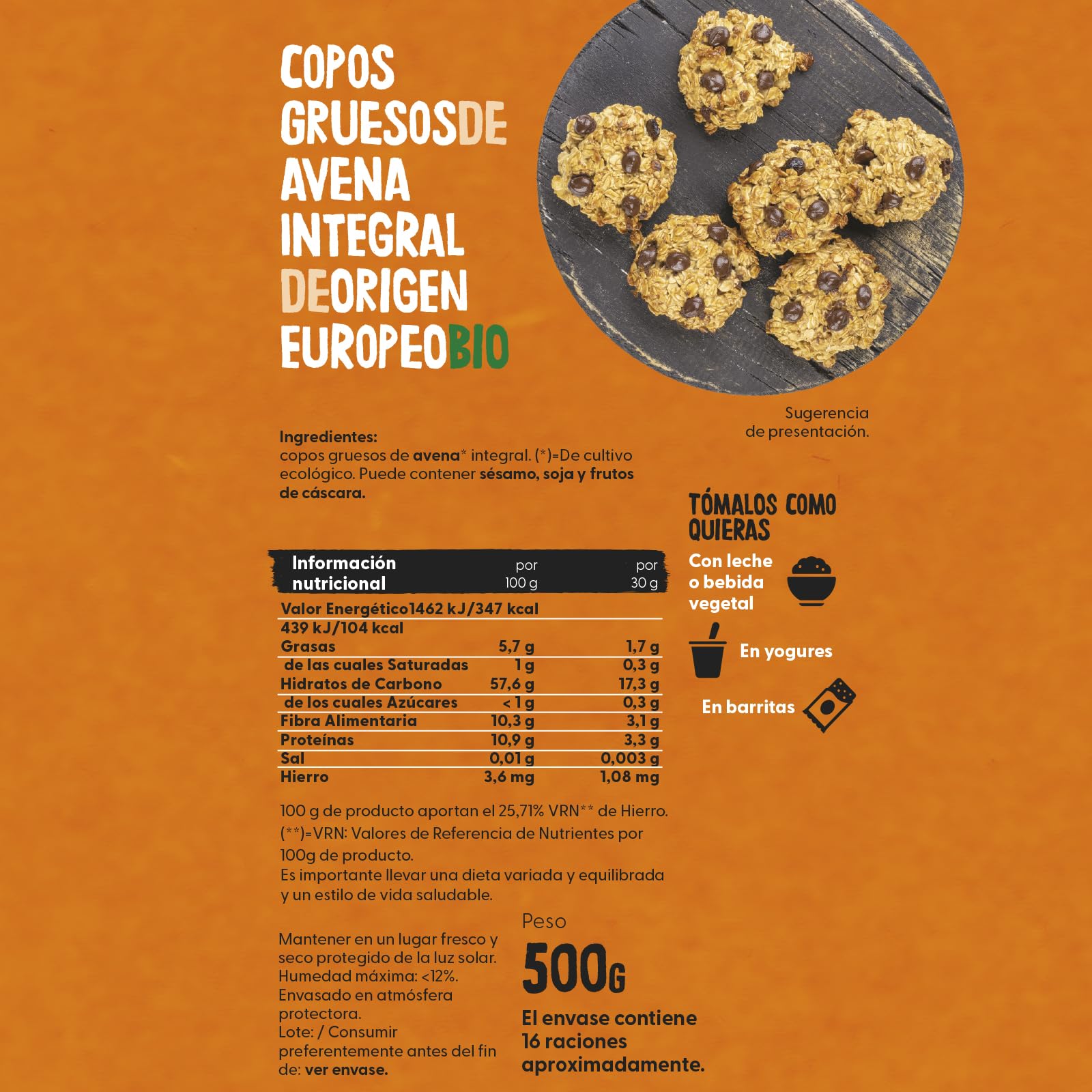 Ecocesta - Copos Gruesos de Avena Integral Ecológica - 500 g - Sin Azúcar Añadido - Aptos para Veganos - Alto Contenido en Fibra y Proteínas - Aporta una Dosis Extra de Energía
