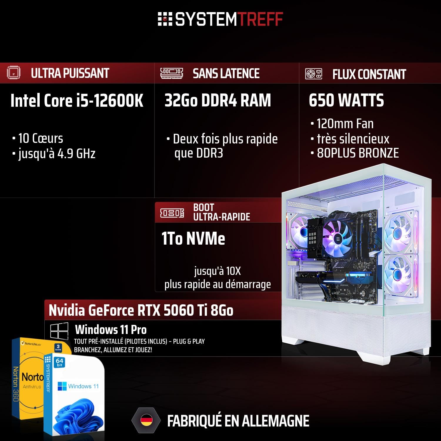 SYSTEMTREFF PC de Bureau - Intel Core i5-12600K - RTX 5060 Ti 8Go | Intel 6 cœurs jusqu'à 4.9 GHz, 32Go DDR4, 1To M.2 NVMe SSD, Nvidia graphique WiFi, Windows 11, pour le bureau, business