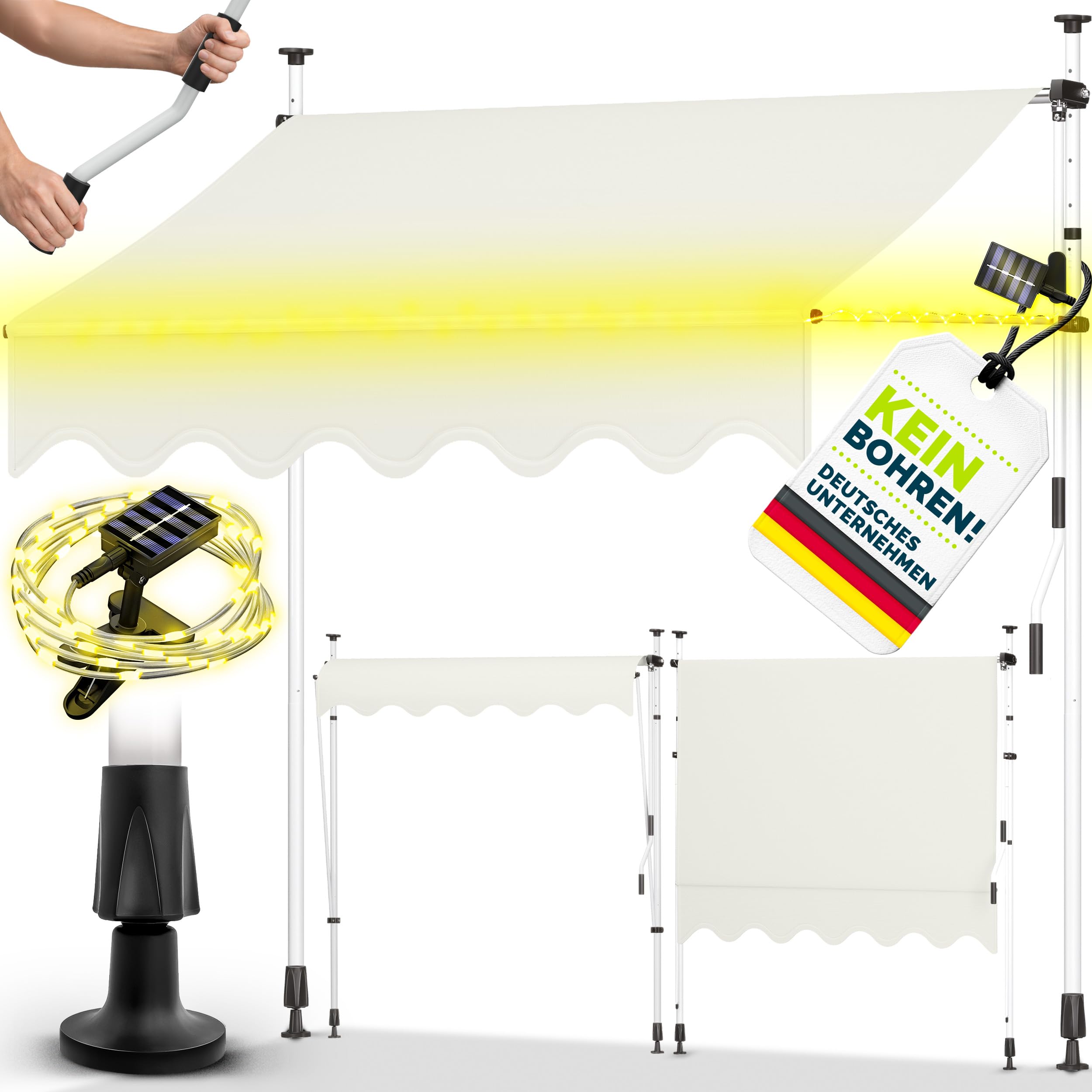 tillvex Klemmmarkise mit Handkurbel & LED Lichterkette Balkon | Balkonmarkise ohne Bohren | Markise UV-beständig & höhenverstellbar | Sonnenschutz Terrasse & Garten wasserdicht (Beige, 200cm)