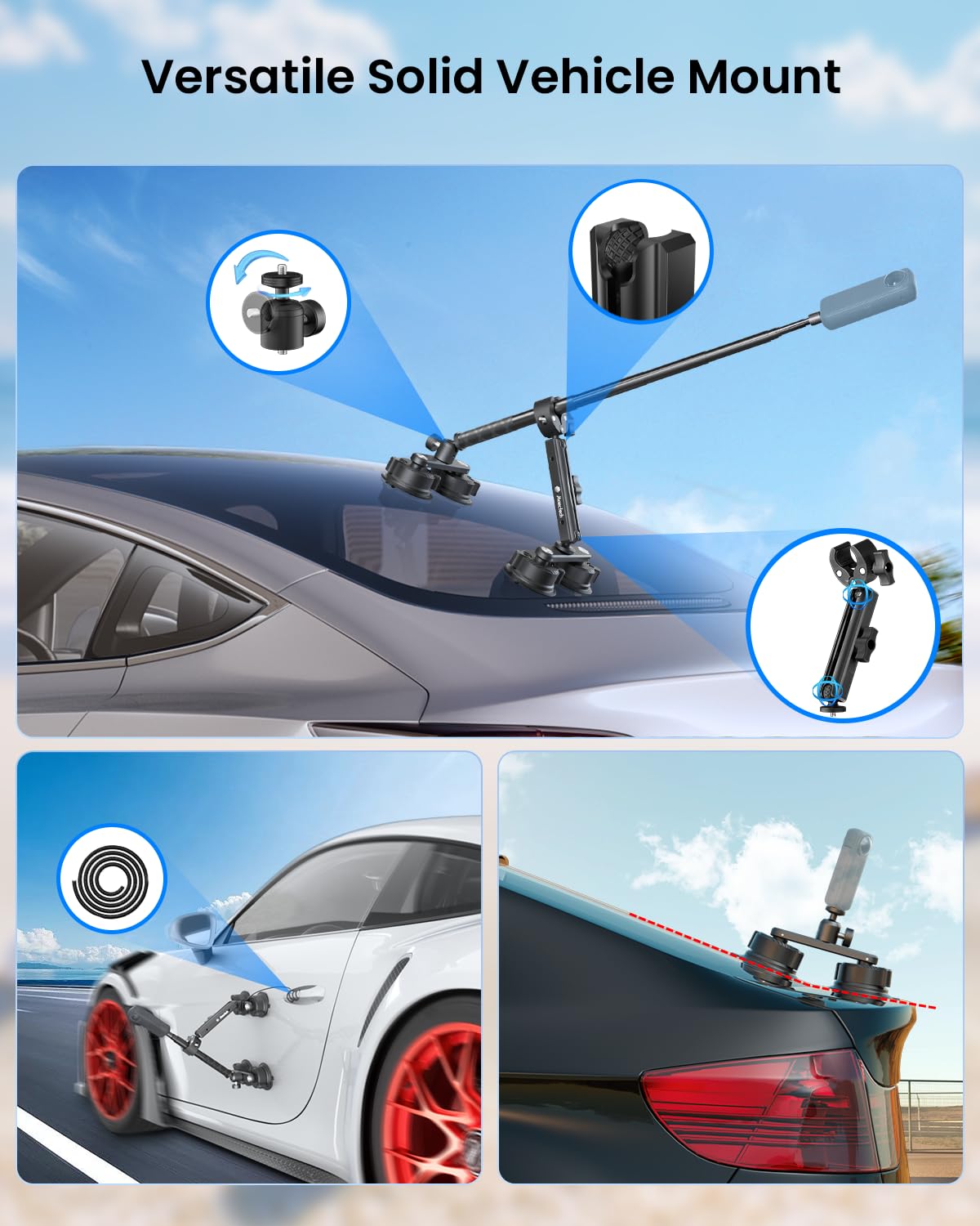 Kit de quatre ventouses de voiture pour Insta360 - Double couche réglable - Montage pour caméra d'action GoPro - Accessoires pour Insta360 X5