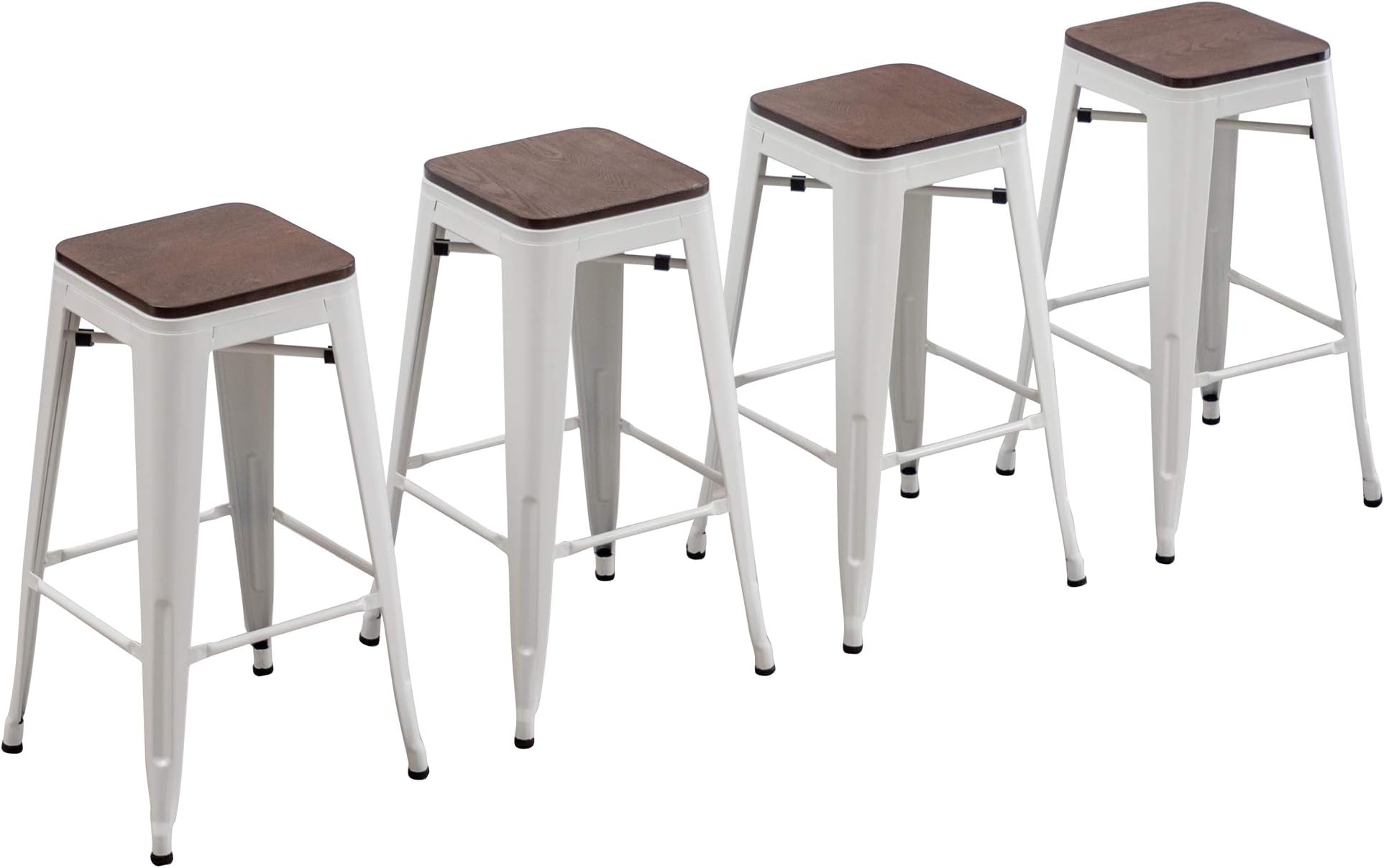 Yongchuang Stackable Metal Counter Height Bar Stools Set of 4 Backless Stools with Wooden Top 24" White
