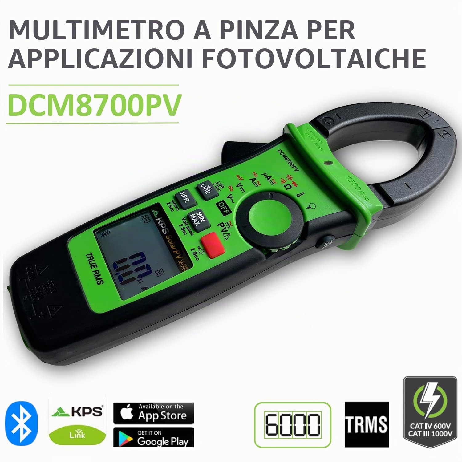KPS-DCM8700PV Pinza Amperometrica TRMS per applicazioni Solari Tensione fino a 1500VAC/2000VDC Corrente AC/DC 1500A e 4000µA DC con Bluetooth