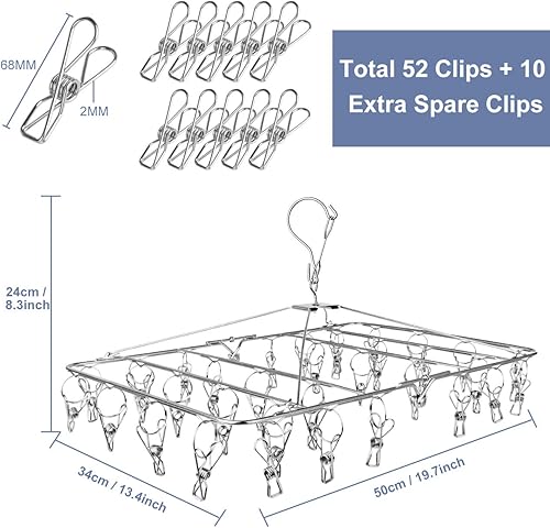 Miniatura 4 de Fayleeko - Estante de secado de ropa 52 clips de acero inoxidable colgador de calcetines plegable colgador de ropa interior perchas de ropa para