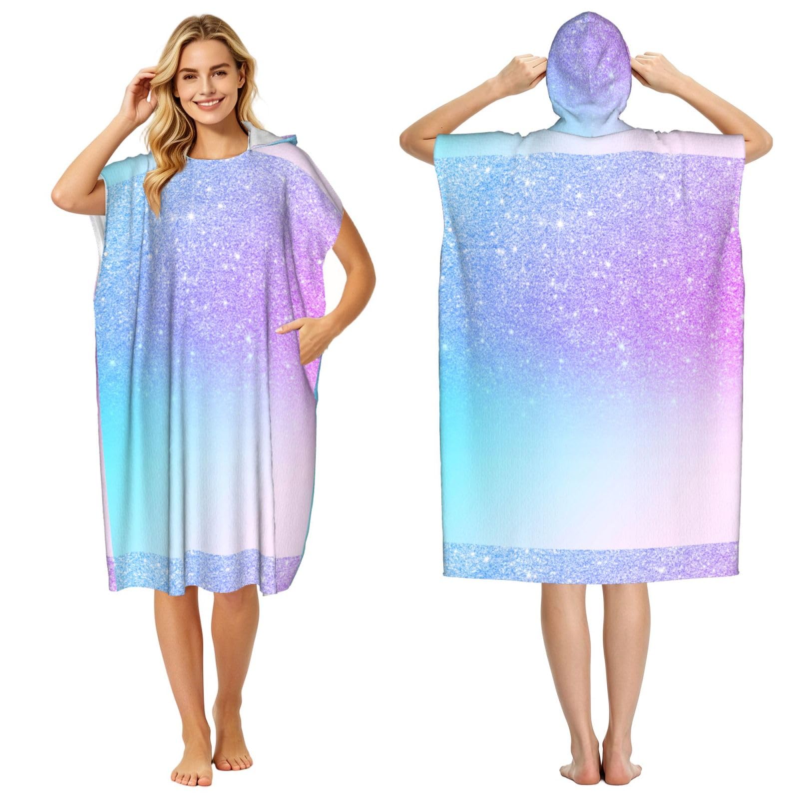 Poadnly Purple Pink Glitter Ombre Blue Gradient, Adult Hooded Beach Towel 90 x 110 cm,Changing Bath Robe, Surf Poncho Towel For Women Men
