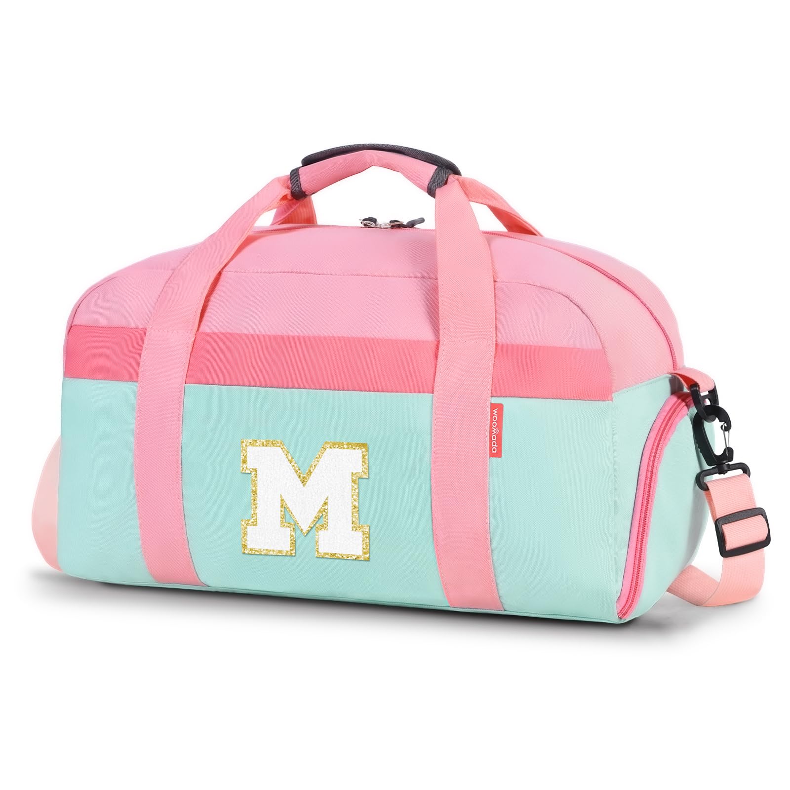 Initial Kids Duffle Bag for Boys or Girls, Kids Overnight Bag with Shoe Compartment, Personalized Weekender bags, Birthday Gifts for Women Boys Girls(Pink Green-Letter M)