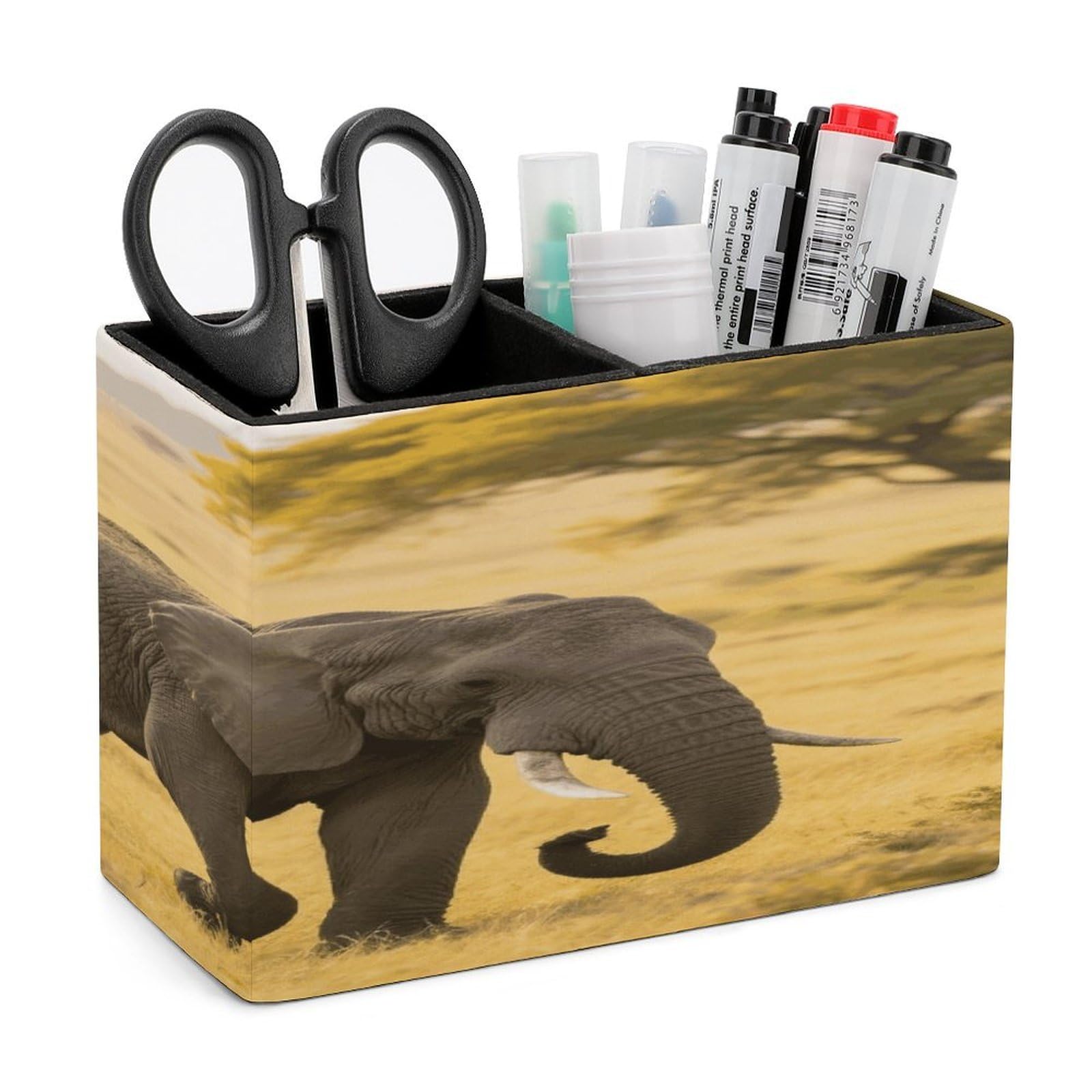 VstaDank Elephant Pencil Holder for Desk Organizer 2 Compartments Pen Cup Leather Square Pen Holder Pencil Cup Stand Makeup Brush Holders for Desktop Organizer Storage Case