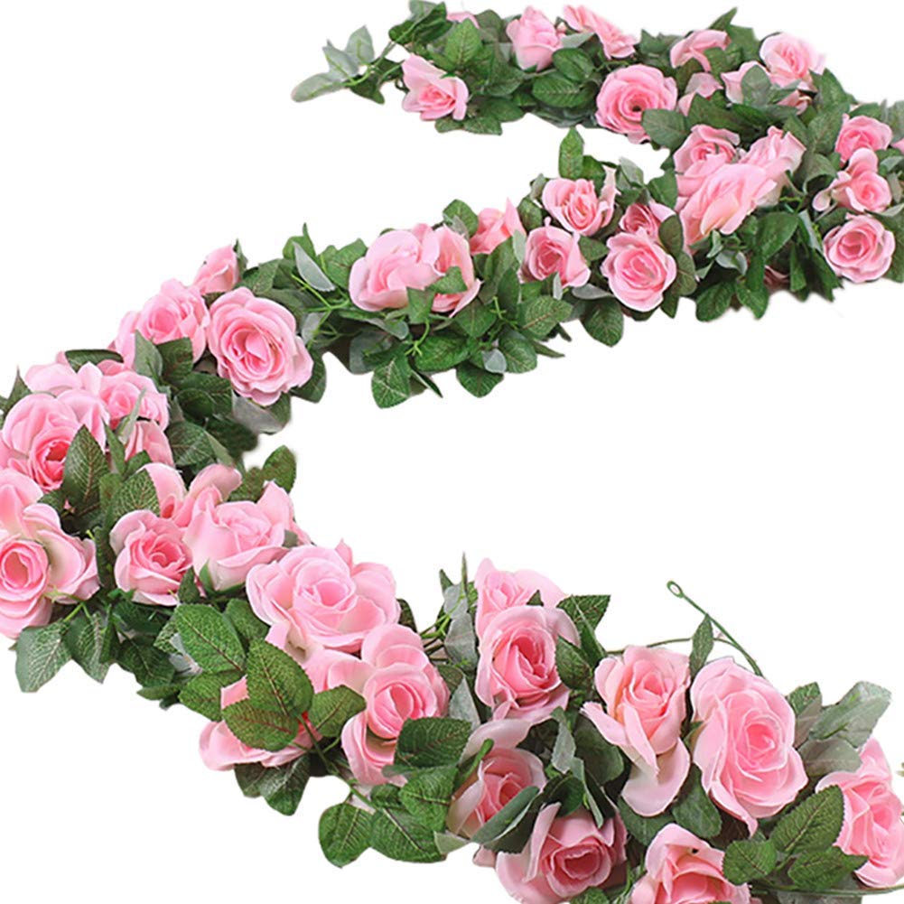 NALACAL 16 FT Fake Rose Vine Garland Artificial Flowers Plants Hanging Rose Ivy Home Hotel Office Wedding Party Garden Décor (Pink/2PCS)