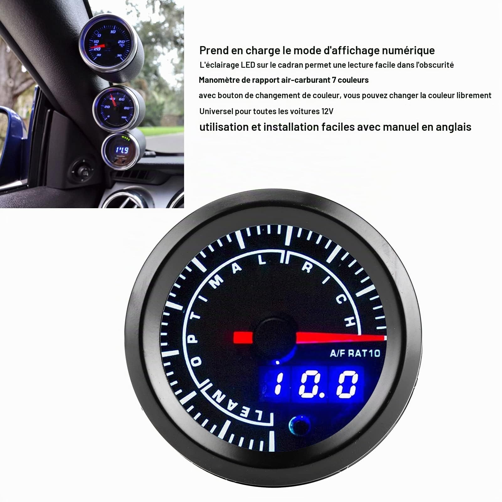 EBTOOLS Jauge de Rapport Air/Carburant AFR pour Voiture - 2.5in 12V avec Pointeur d'Affichage et Réglage d'Avertissement