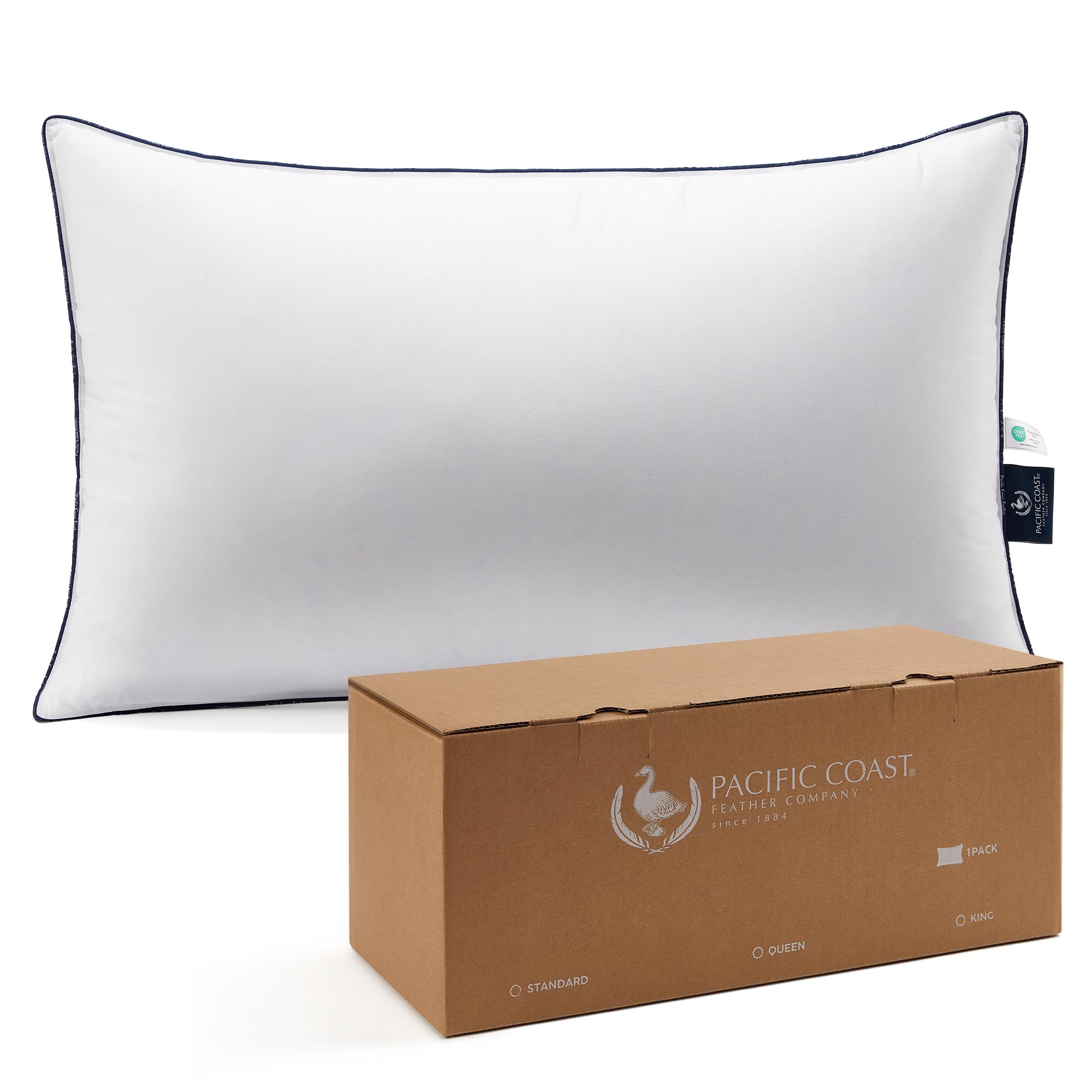 Pacific Coast Bed Pillow, Hotel Collection Goose Feather and Down Firm Pillow for Sleeping, 3-Chamber Design, Soft and Supportive, Standard Size