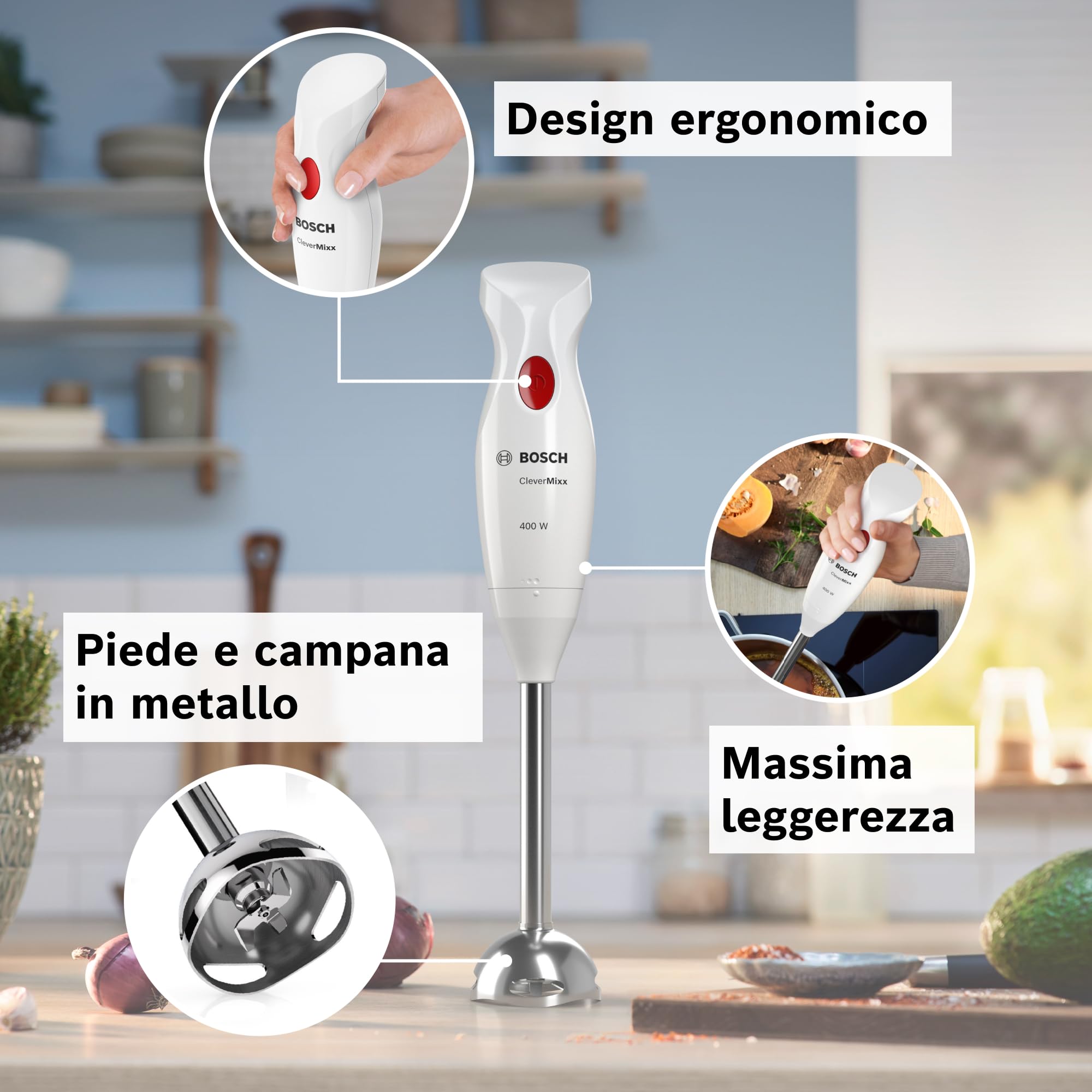 Bosch Frullatore a Immersione MSM24100, 400 Watt, Impugnatura Ergonomica, Piede in Acciaio Inox, Pratico Bicchiere Graduato Incluso, Bianco, Rosso