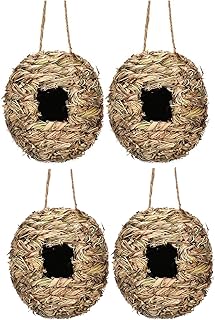 ZYuan 4 Pack Spherical Bird Nester Hand-Woven Hummingbird House Nesting Cage Outdoor Hanging Bird Nest Pouch Roosting Pocket Natural Small Bird Nest for Garden Decoration