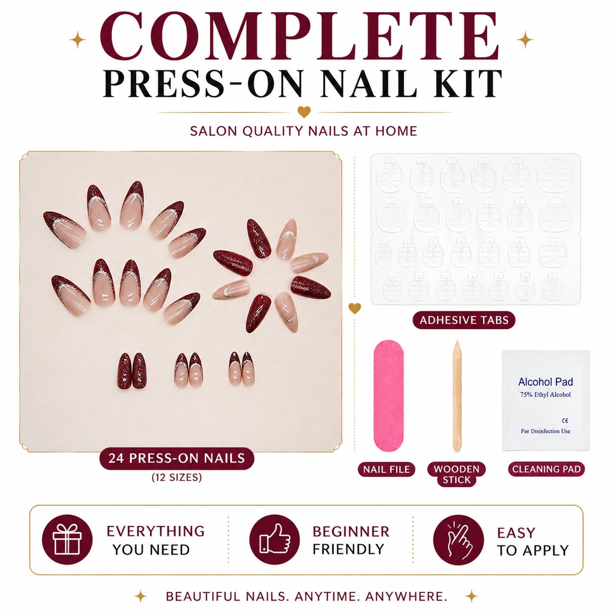 CherryBox 24 Pcs Almond, Stiletto French Tip, Glossy Fake Nails with Silver Glitter Design, Reusable Acrylic Stick on for Women Girls (Jelly Glue Adhesive Tabs and Glue Included) Red Colour 1