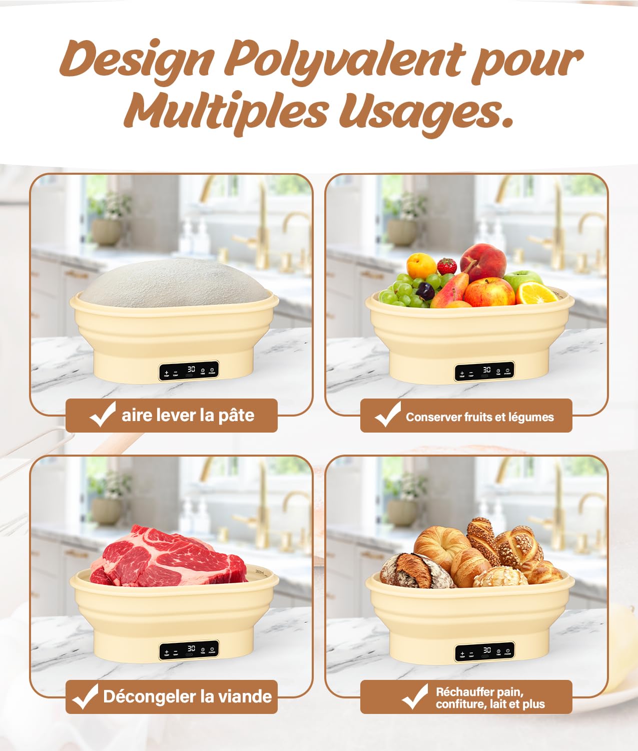 WADEO Panier de Pousse à Levain Chauffant, Chauffe-Levain Pro Électrique - Boîte de Pousse 28cm, Thermostat 6 Niveaux (25-50°C), Minuterie, Silicone Alimentaire Pliable - Pour Pain, Pizza, Yaourt