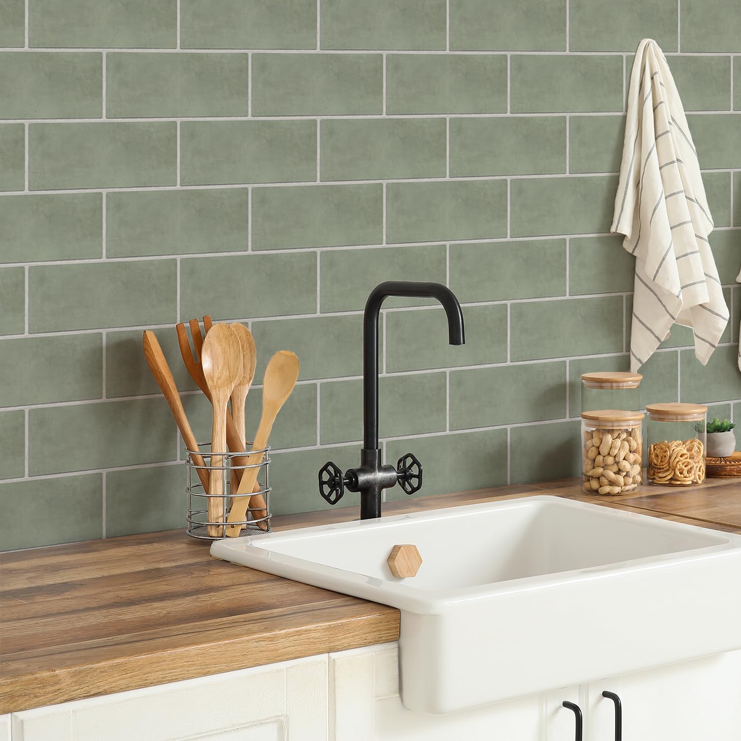 Neukids Sage Green Tile Stickers,Sage Green Stick on Tiles,12pcsX15cmX30cm