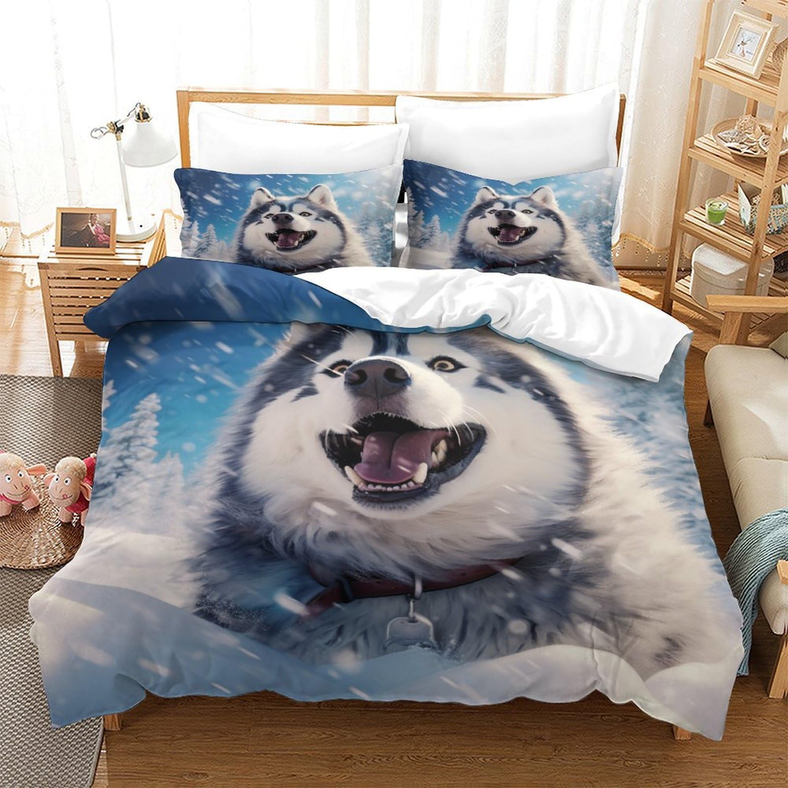 Husky Three-dimensional Printing Bedding Comforter Set Husky Bed Cover Ultra-fine Fiber Pillow Slip Included Gentle And Washable Single（140x200cm）