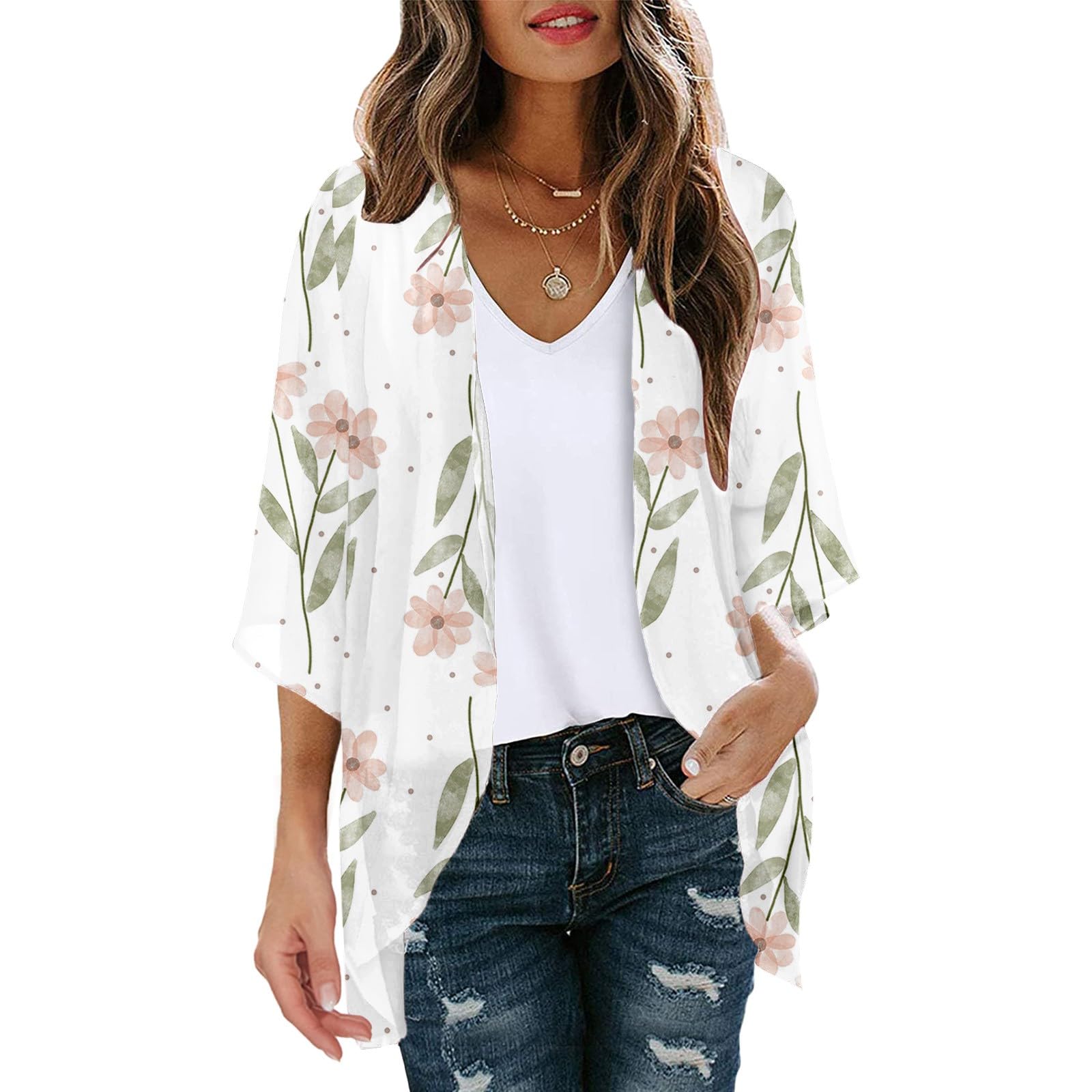 PAIDAXING Cárdigan de gasa para mujer, manga 3/4, para verano, playa, frente abierto, cárdigan tipo kimono ligero y transparente, blusa casual de playa