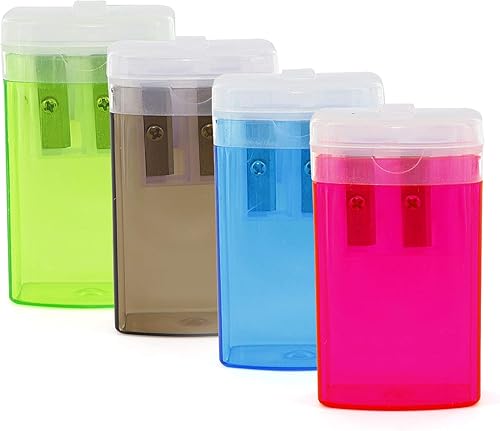 Emraw Sacapuntas manual de doble agujero con tapa y receptáculo rectangular para atrapar virutas para lápices regulares y de gran tamaño en azul,