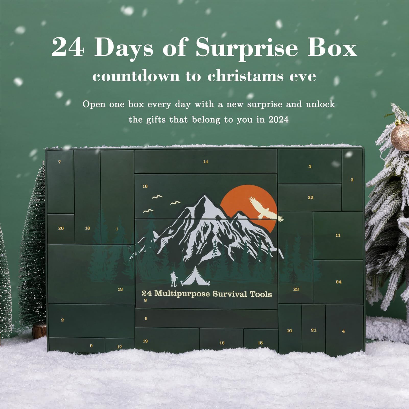 Kit di sopravvivenza calendario 'Avvento – conto alla rovescia di Natale 24 giorni per uomini, strumenti di sopravvivenza giornalieri all'aperto, set regalo, attrezzatura da campeggio portatile | 24 giorni per uomini, strumenti di sopravvivenza giornalier