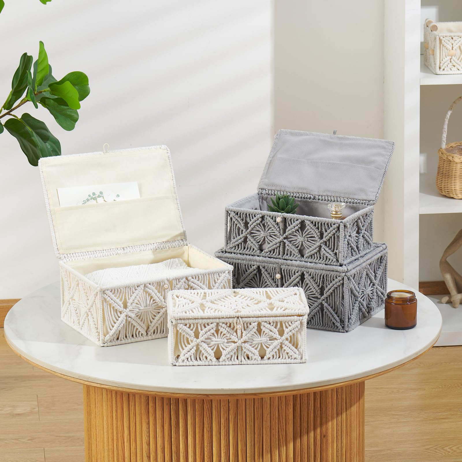Cestas de almacenamiento decorativas bohemias con tapa, caja de joyería de macramé bohemio, hecha a mano, de cuerda de algodón natural, contenedores de recuerdo, organizador de maquillaje