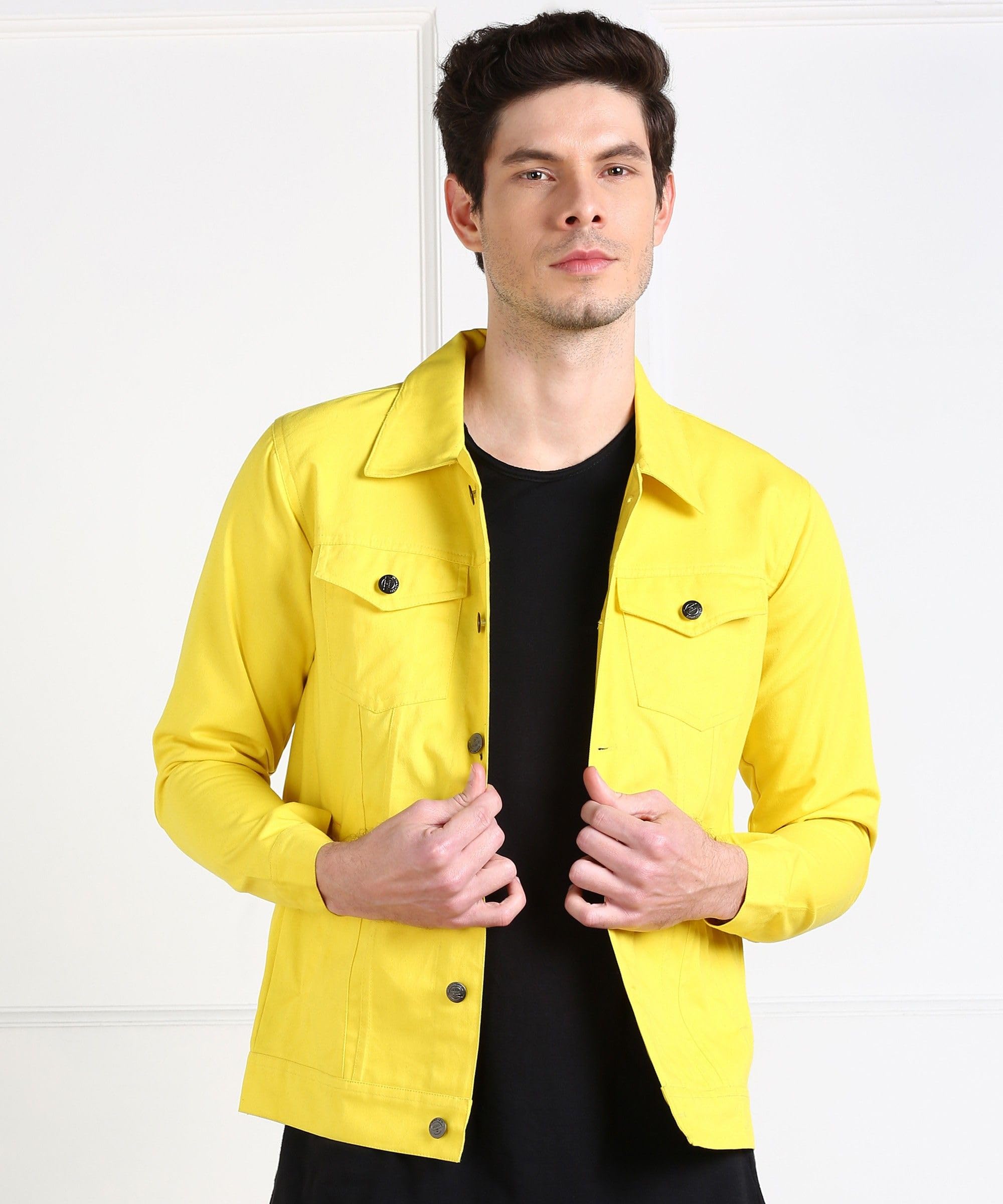 montrez Men Spread Collar Washed Lightweight Casual Denim Jacket (Neon Yellow)-picture-10