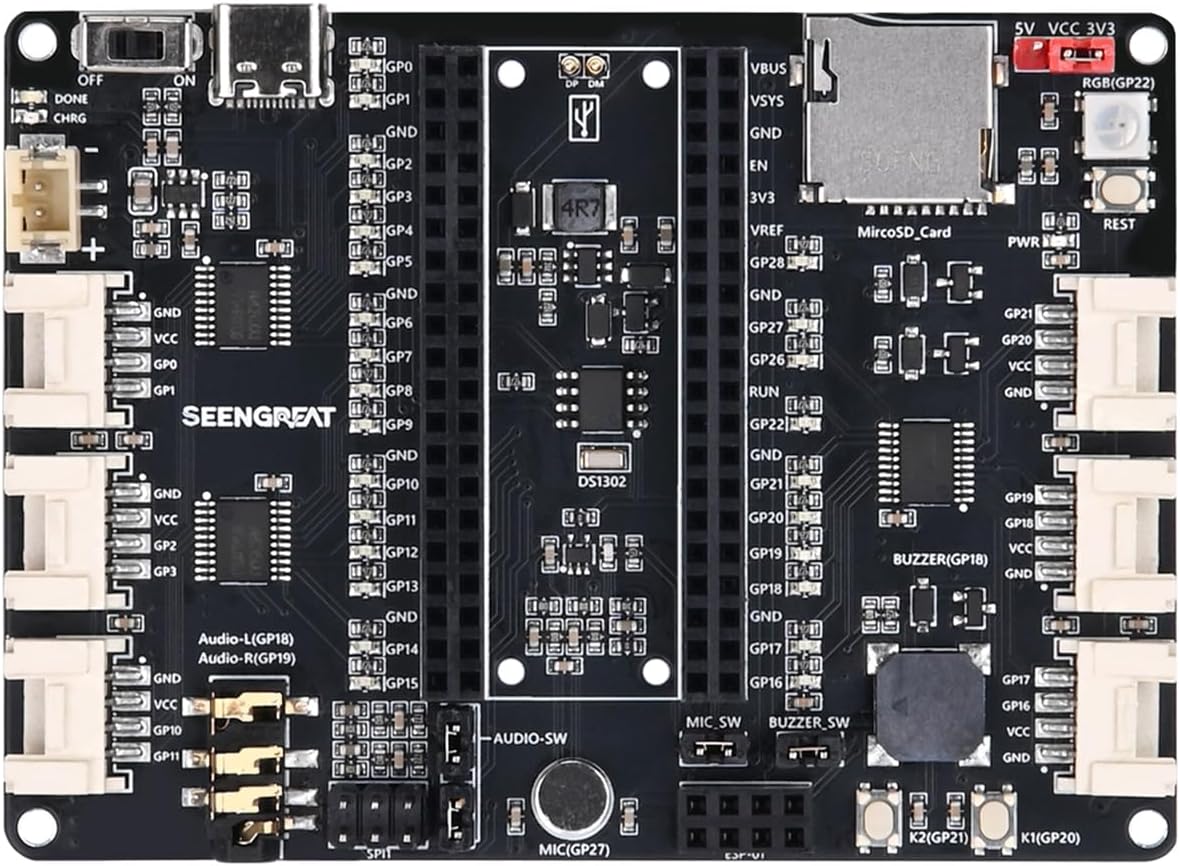 Pico Expansion Mini Board for Raspberry Pi Pico - Compatible Development Board with Rich I/O Ports, RGB LED, Micro SD, Audio, Mic, DS1302, Power Charging and Grove Connectors