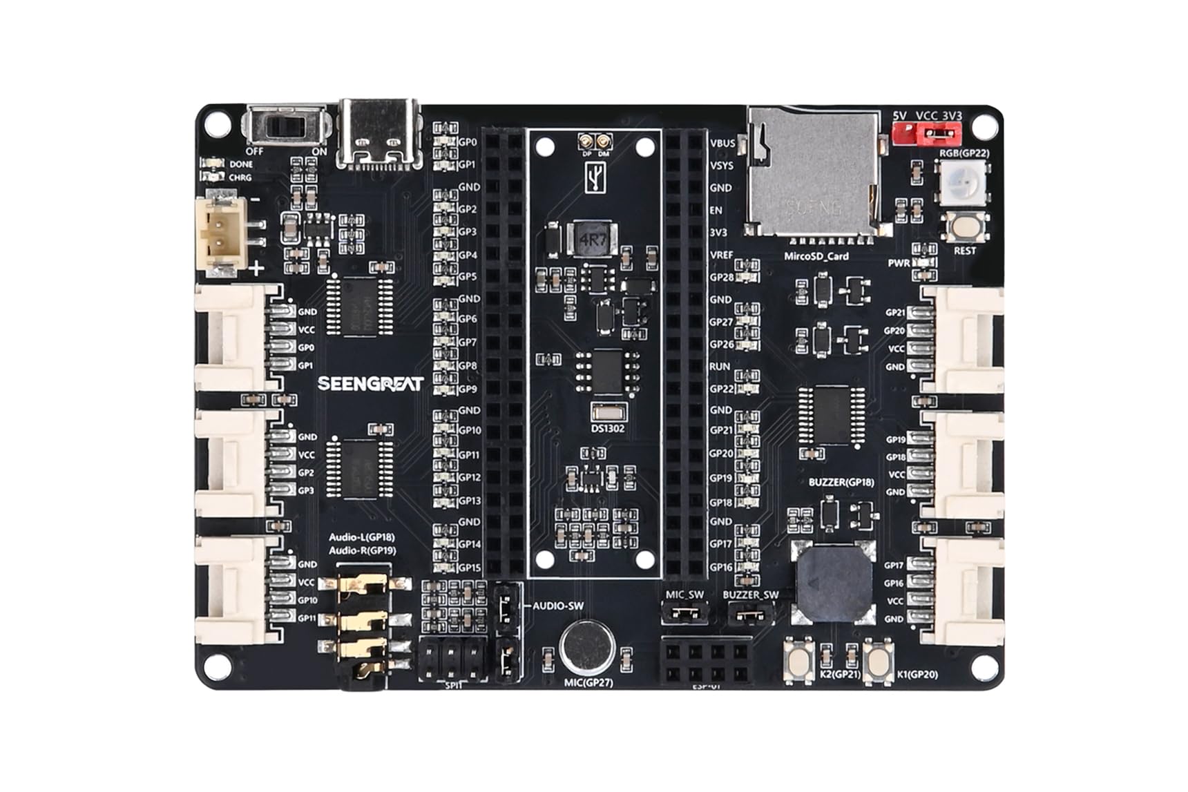 Pico Expansion Mini Board for Raspberry Pi Pico - Compatible Development Board with Rich I/O Ports, RGB LED, Micro SD, Audio, Mic, DS1302, Power Charging and Grove Connectors