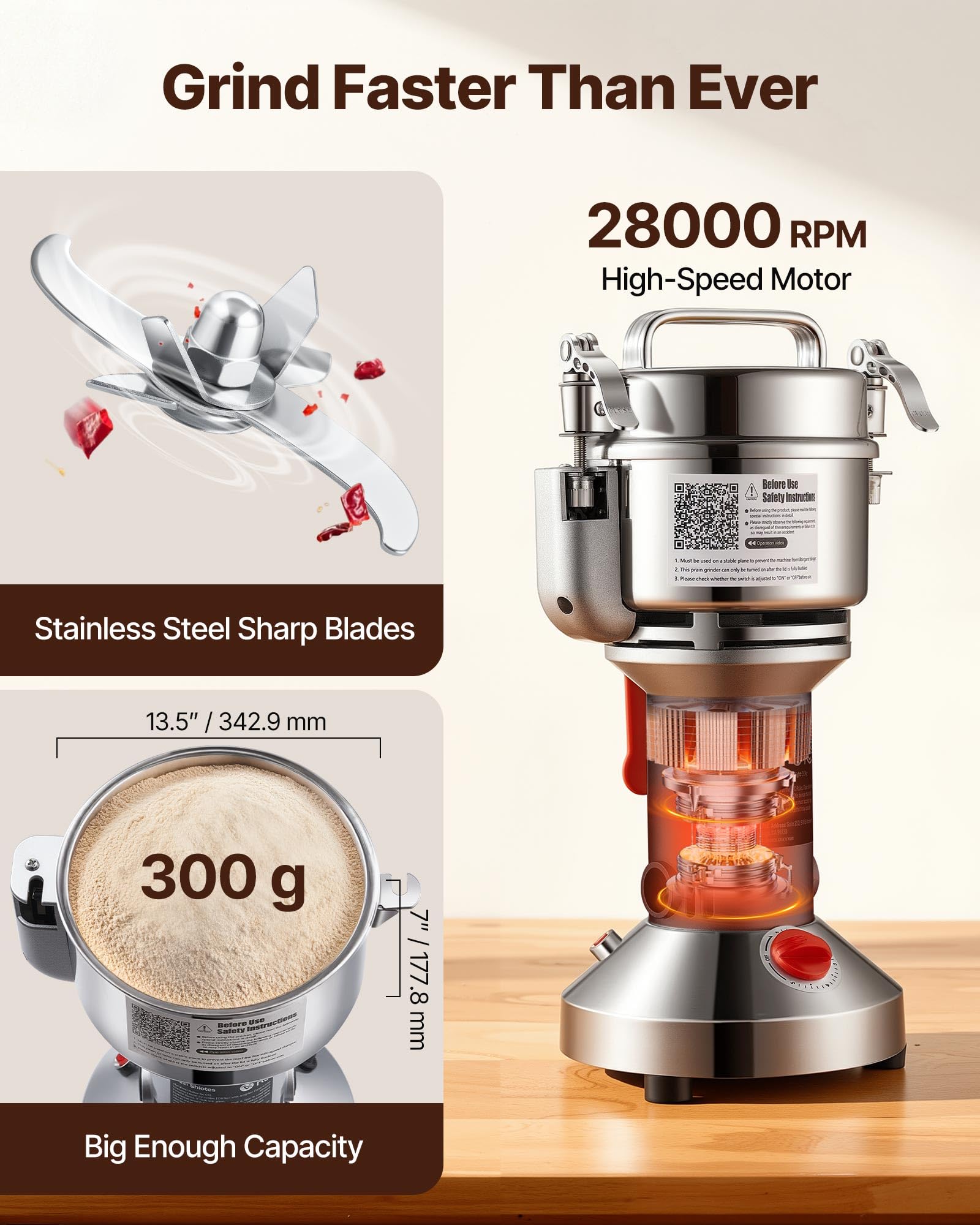 VEVOR Molinillo de Granos Eléctrico 1500 W Capacidad de 300 g Molinillo de Especias de Alta Velocidad con Pulverizador de Acero Inoxidable para Granos Secos Especias Cereales Café Maíz Pimienta