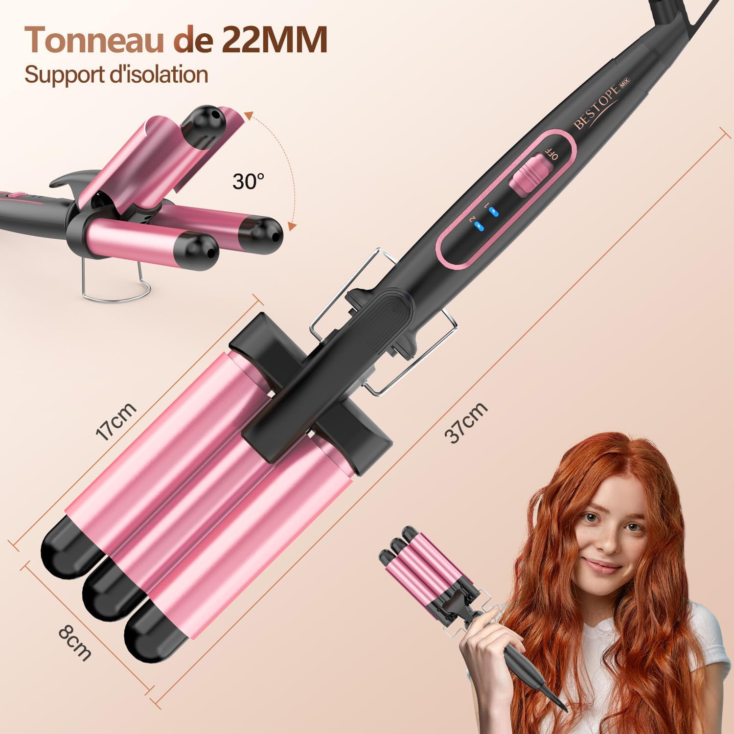 Boucleur a Cheveux,Boucleur 3 Tete Fer a Boucler 22mm, Fer à Boucler 150°C/210°C, Fer a Onduler Chauffage Rapide pour Cheveux Longs, Courts