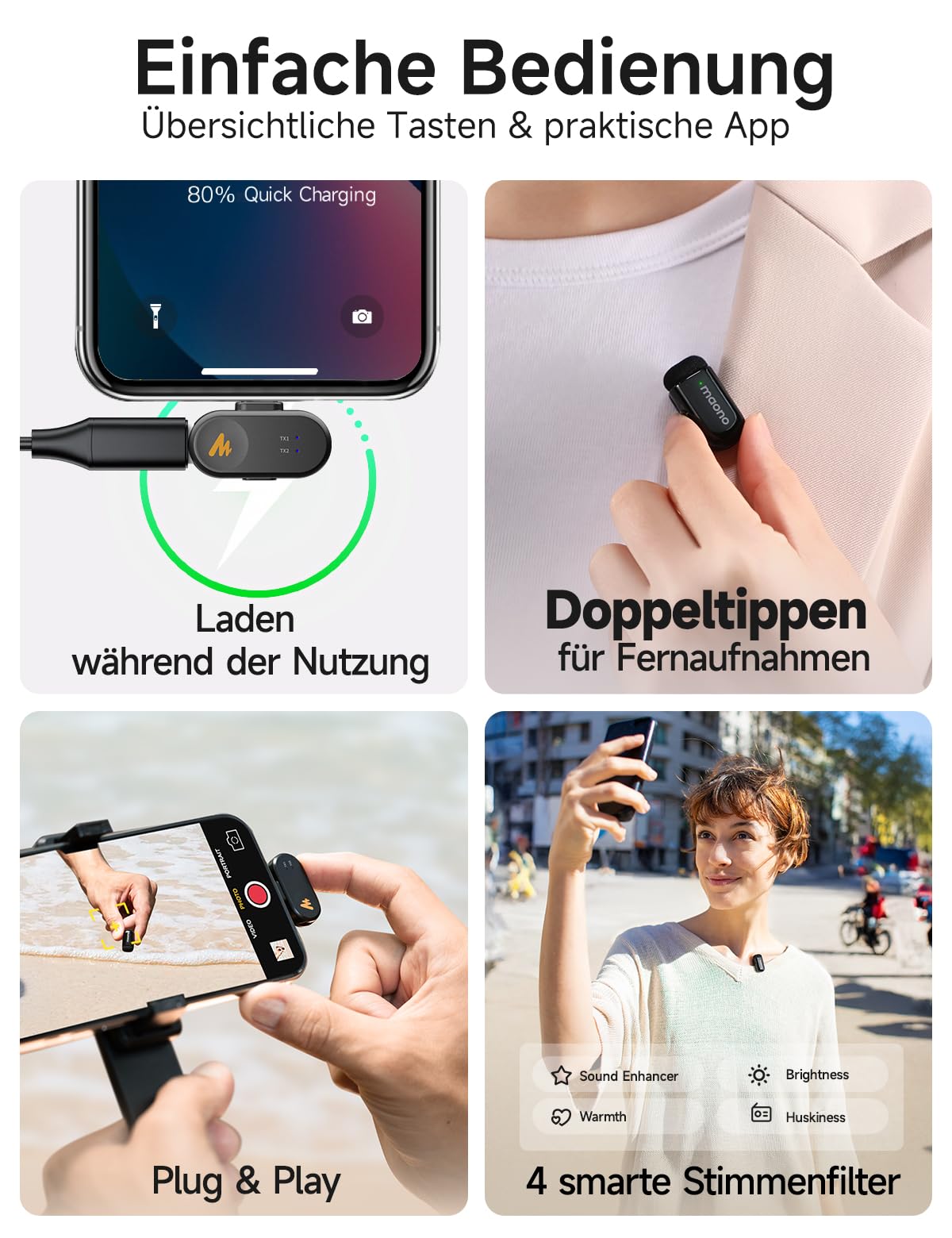 MAONO Kabelloses Handy Mikrofon - USB-C Wireless Mini Mikrofon für iPhone 17/16/15 Android, 4 Level Rauschunterdrückung, KI Stimmenwechsel, 30h Laufzeit, Mic für Vlog, YouTube, Aufnahmen, Wave T1 Mini