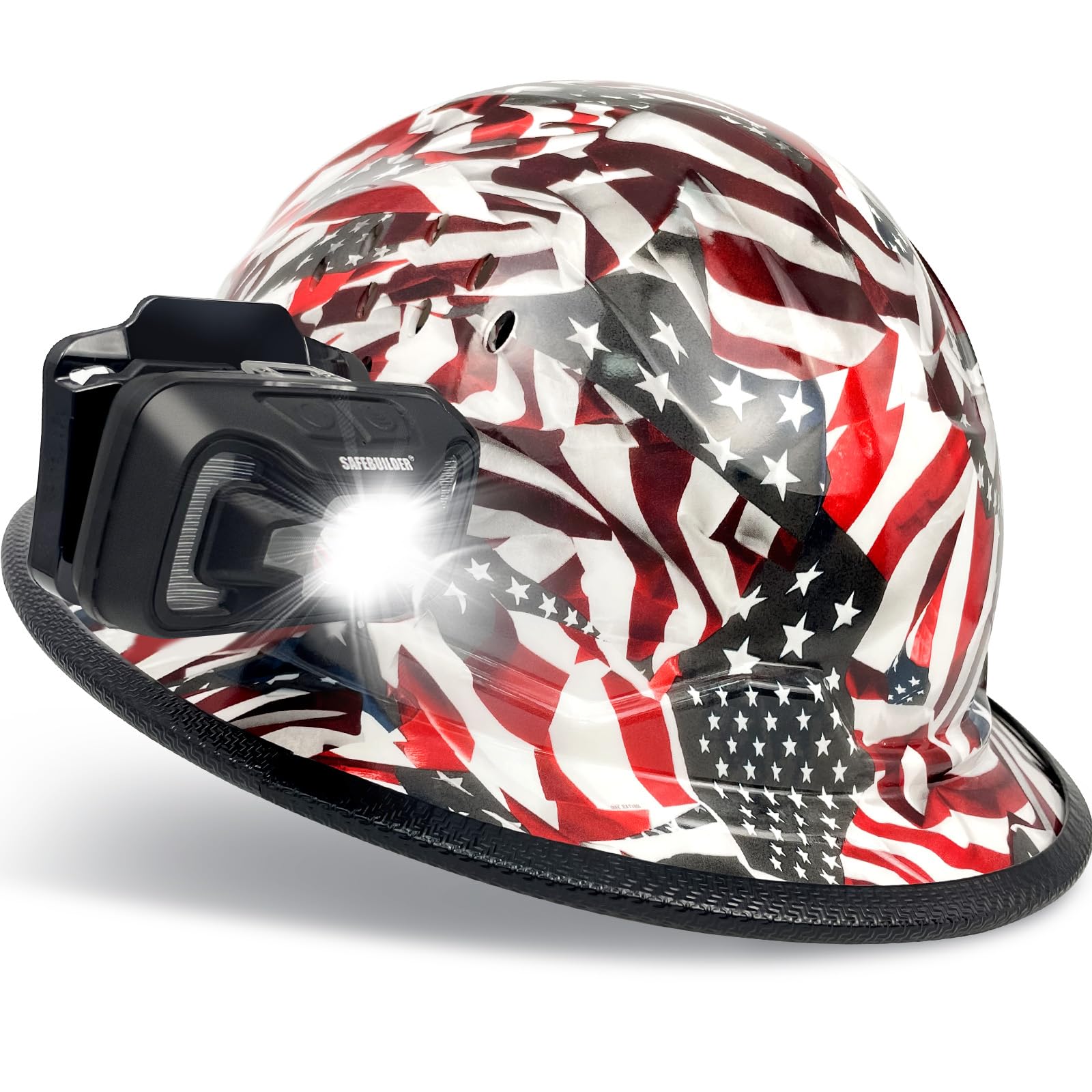 Full Brim Hard Hats with Rechargeable Lamp Safety Helmet with Headlight 6 Point Suspension Vented Construction Outdoor Work ANSI Approved