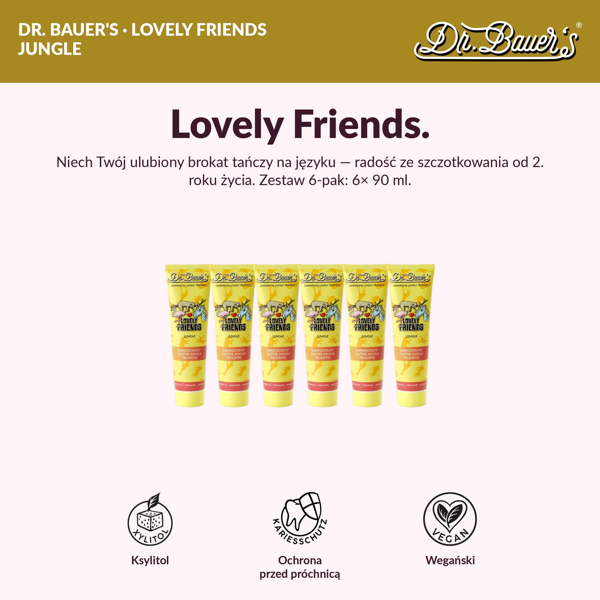 Pasta do zębów dla dzieci Dr Bauer's Lovely Friends Jungle z brokatowymi postaciami - 6x90ml