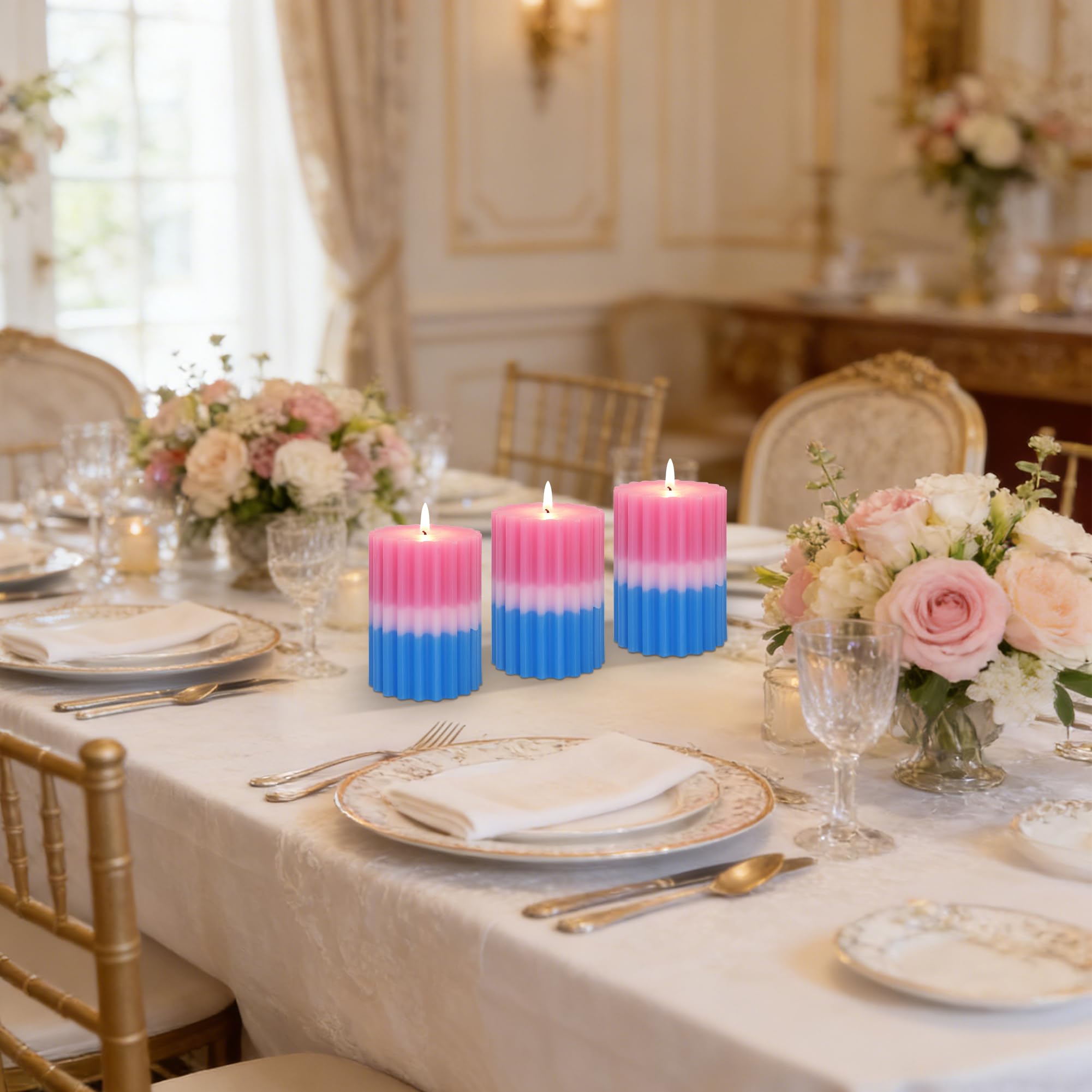 Chypre - Velas de pilar perfumadas florales afrutadas, acanaladas azul y rosa, 3 x 4 pulgadas, núcleo 100% algodón, velas de cera de parafina hechas a mano para baño, sala de estar, decoración