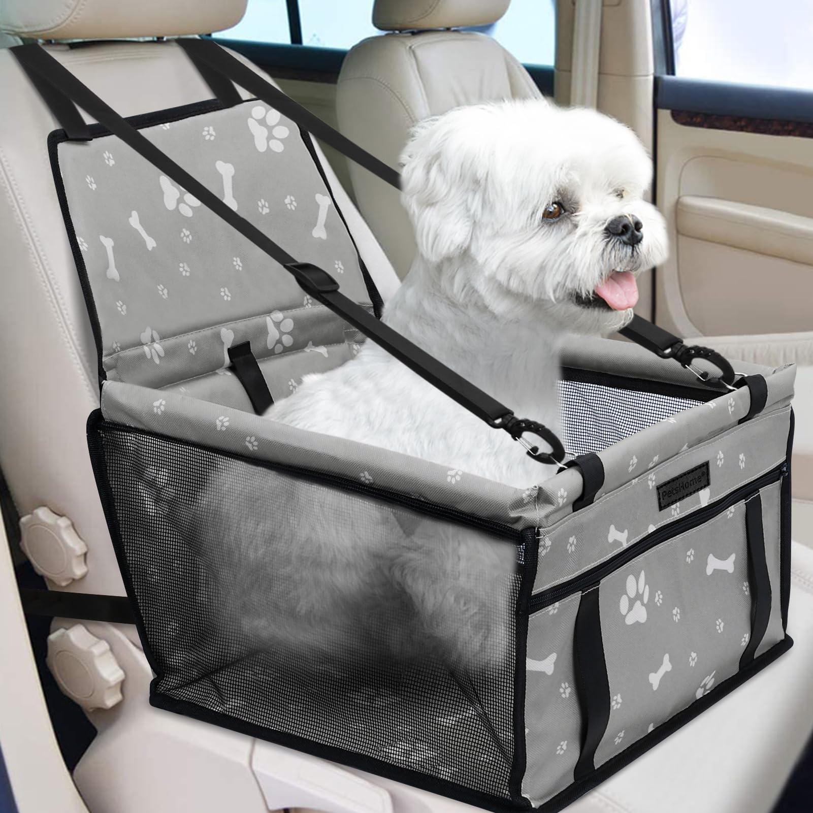 PetsHome Dog Car Seat Foldable Dog Car Booster Seat Waterproof Breathable Oxford Travel Bag for Small to Medium Dogs, Puppies, and Pets-Pattern Grey