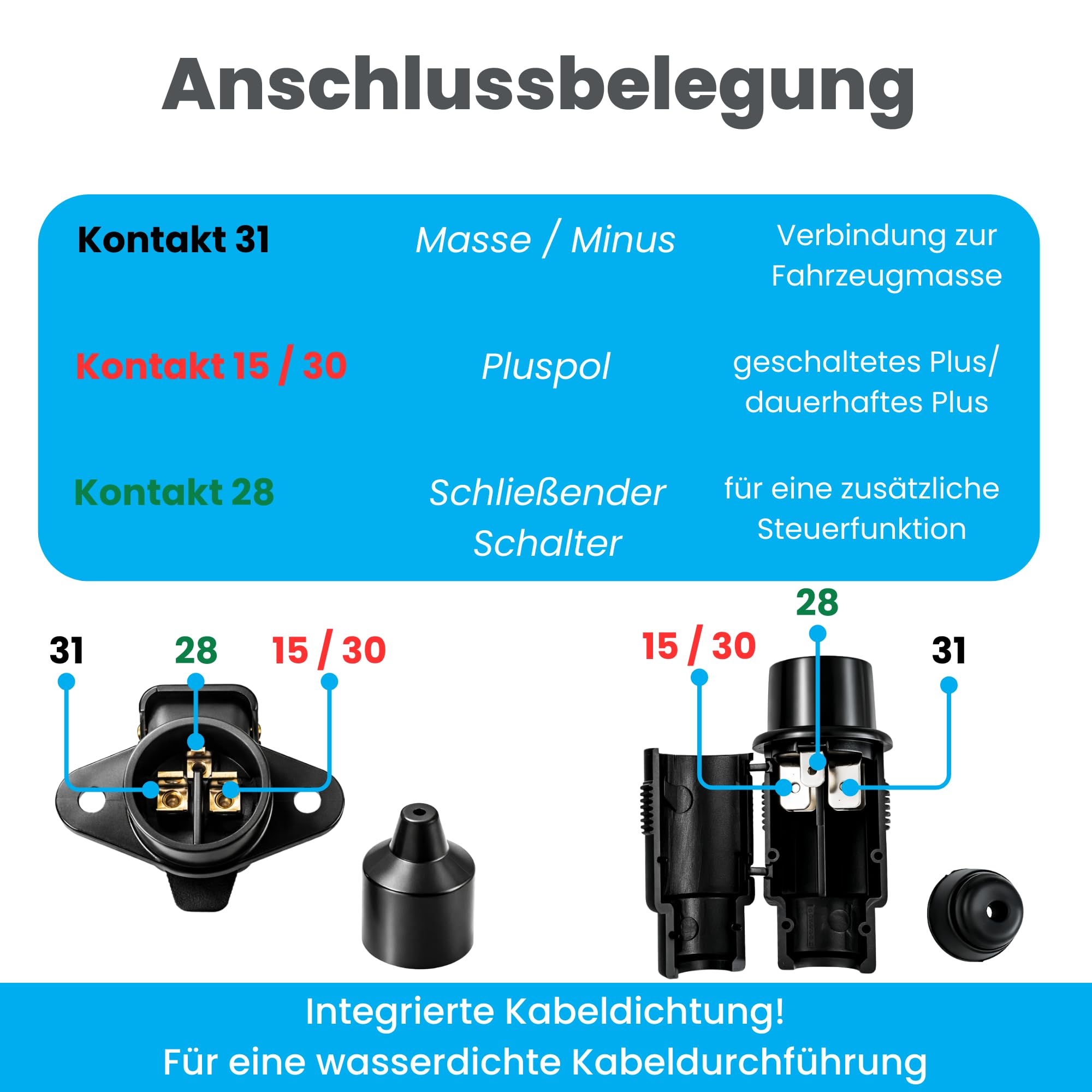 RheinParts 2 enchufes + 2 enchufes de 3 pines DIN 9680 6 – 24 V 25 A con tapa protectora – Conector para remolque, tractor, maquinaria agrícola y maquinaria de construcción – Juego de enchufe de 3 — view 4
