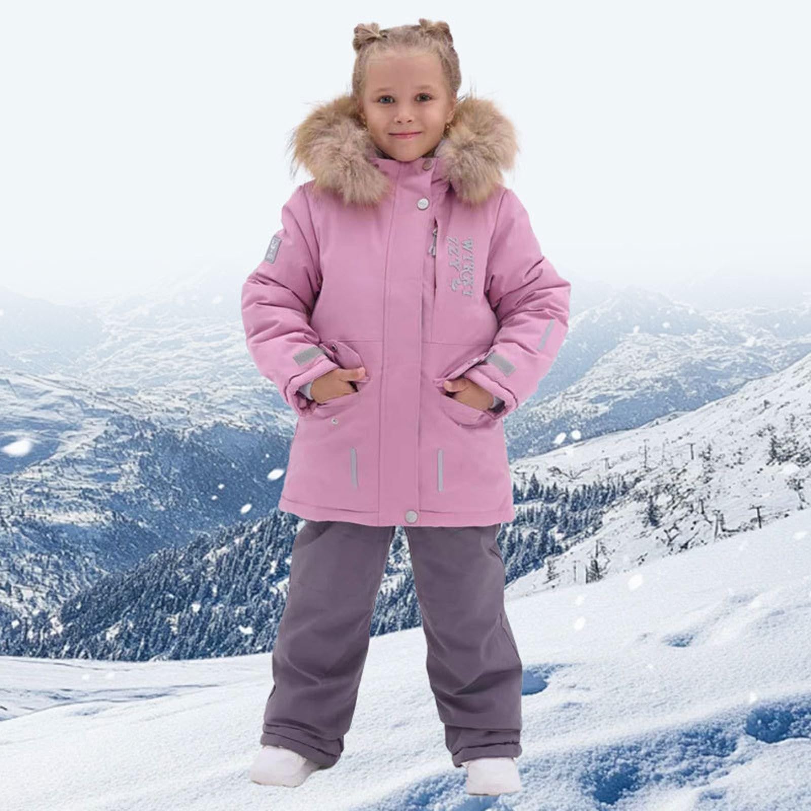 Traje de esquí para niñas, clásico, liso, con capucha, chaqueta y pantalones, a prueba de nieve, forro polar, ligero, cómodo, traje de nieve para niños
