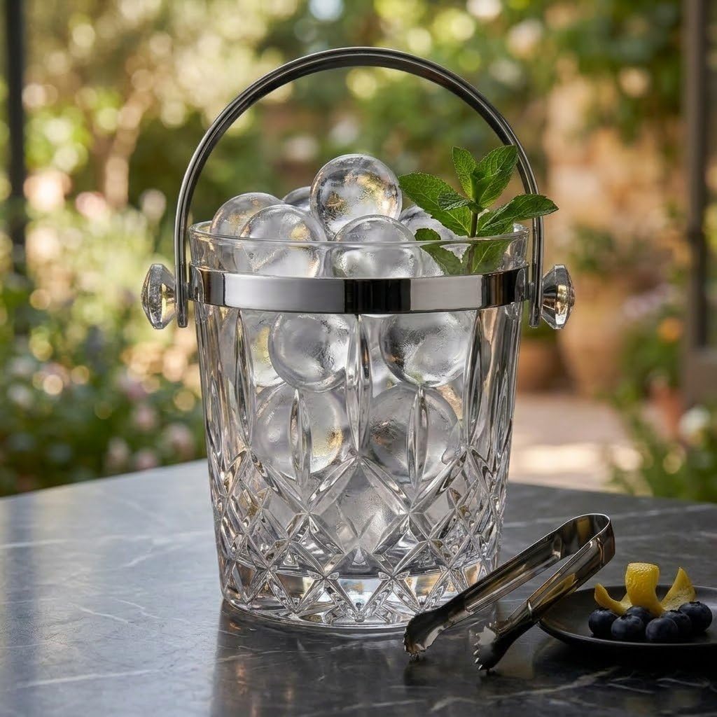 980 Ml Glass Ice Bucket with Stainless Steel Handle and Ice Tong, Transparent Wine Cooler Bucket for Champagne Beer Bottles, Premium Beverage Chiller Container for Home Bar Parties and Events-image-0